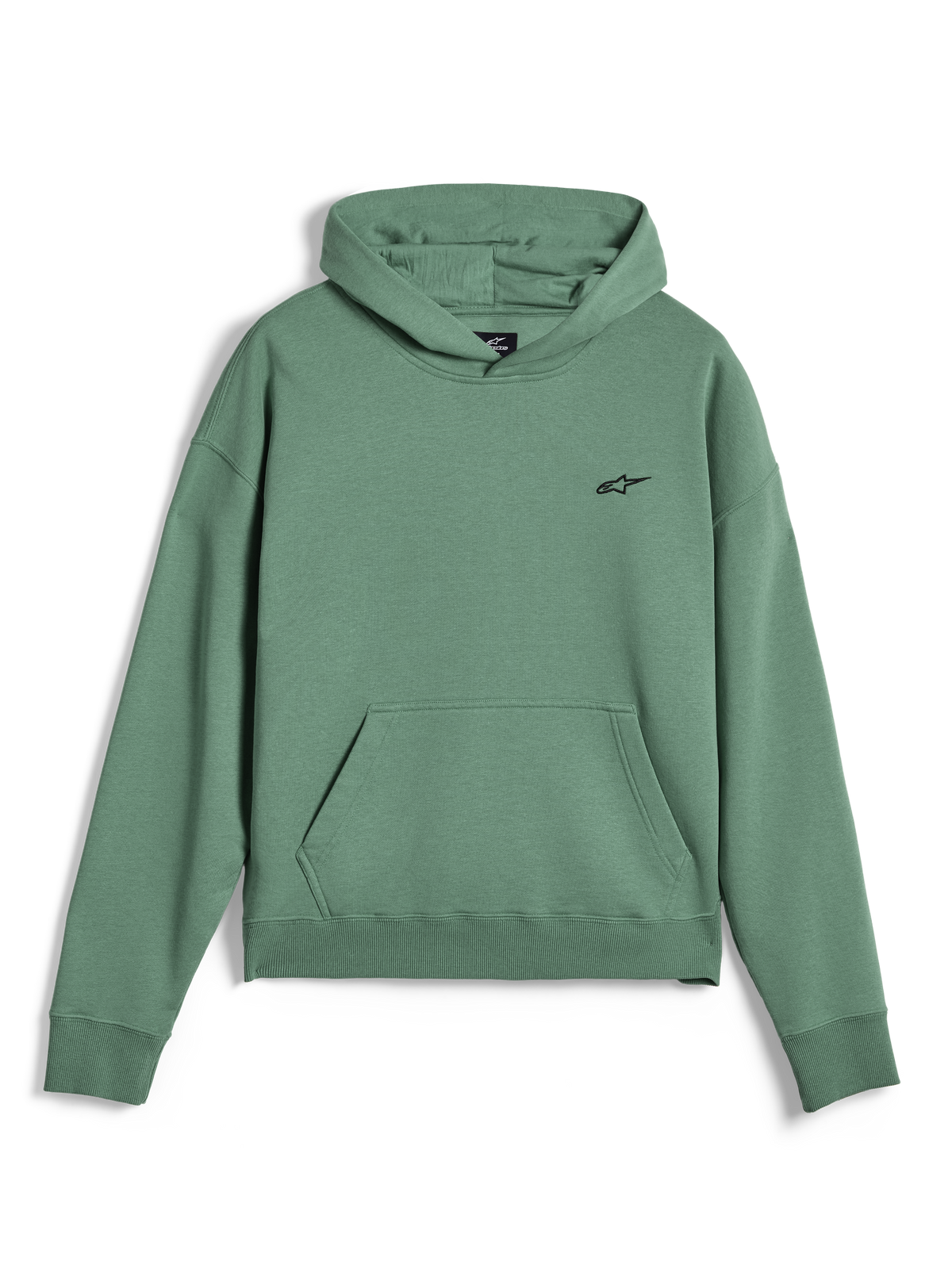 Alpinestars Essentials Ageless Hoodie, avslappnad streetwear-huvtröja, kaktusgrön med stentvättad finish, liten svart Alpinestars-logotyp på bröstet, känguruficka fram, ribbade muddar och fåll, premium fleecematerial