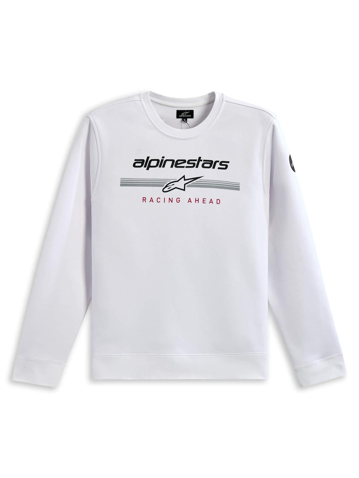 Alpinestars Bettern Crew Sweatshirt, White, featuring black Alpinestars branding, grey racing stripes with a white star logo, and red 'RACING AHEAD' print, casual motorsport-inspired streetwear