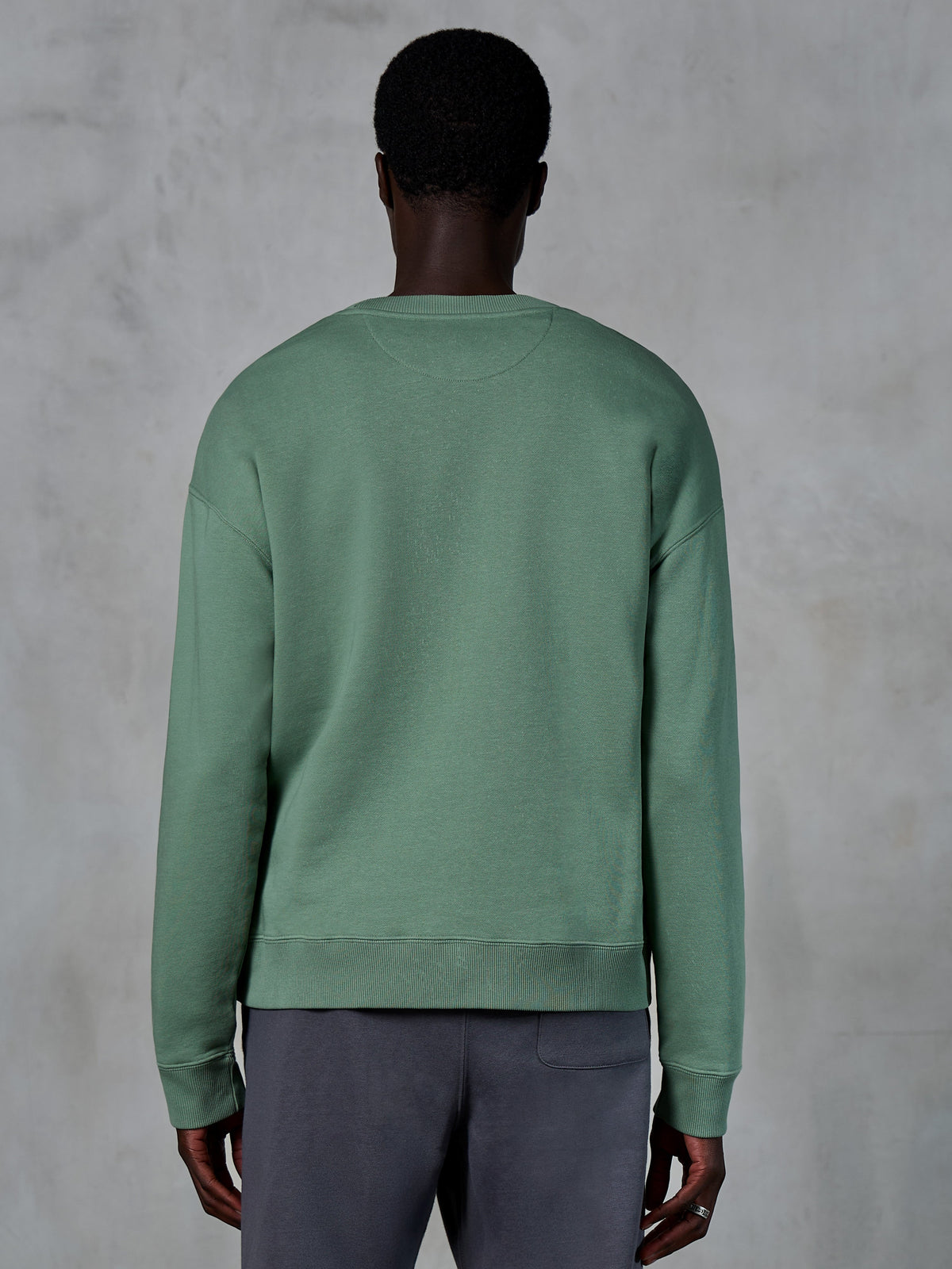 Alpinestars Essentials Ageless Crew, crewneck-tröja, kaktusgrön, sedd bakifrån på modell, ribbade muddar i ärmslut och nederkant, premium kompakt fleece, avslappnad livsstil och streetwear