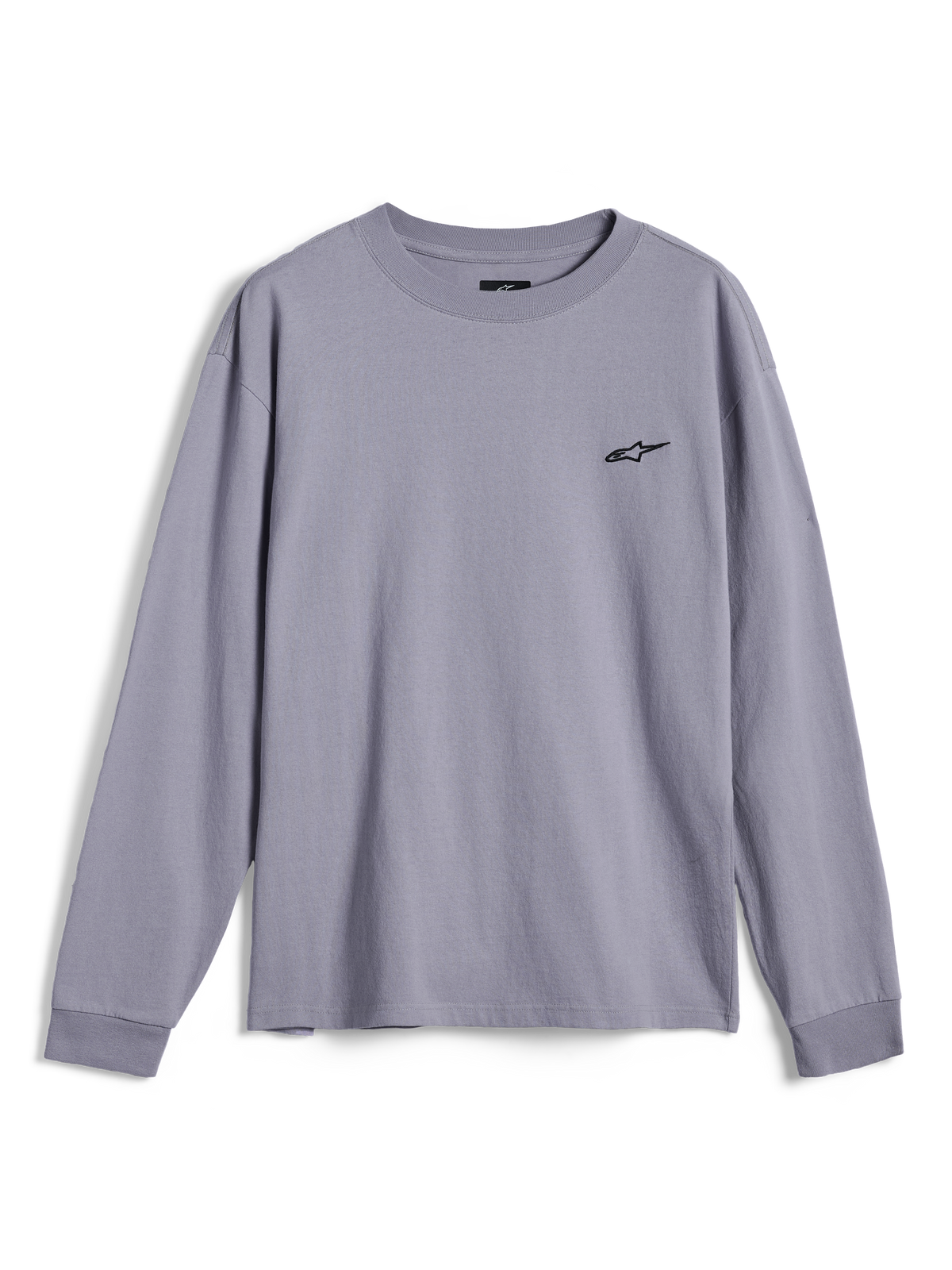 Alpinestars Essentials Ageless LS Tee, långärmad t-shirt, silver, med en liten svart Alpinestars-logotyp på bröstet, avslappnad passform, casual motorsport-streetwear
