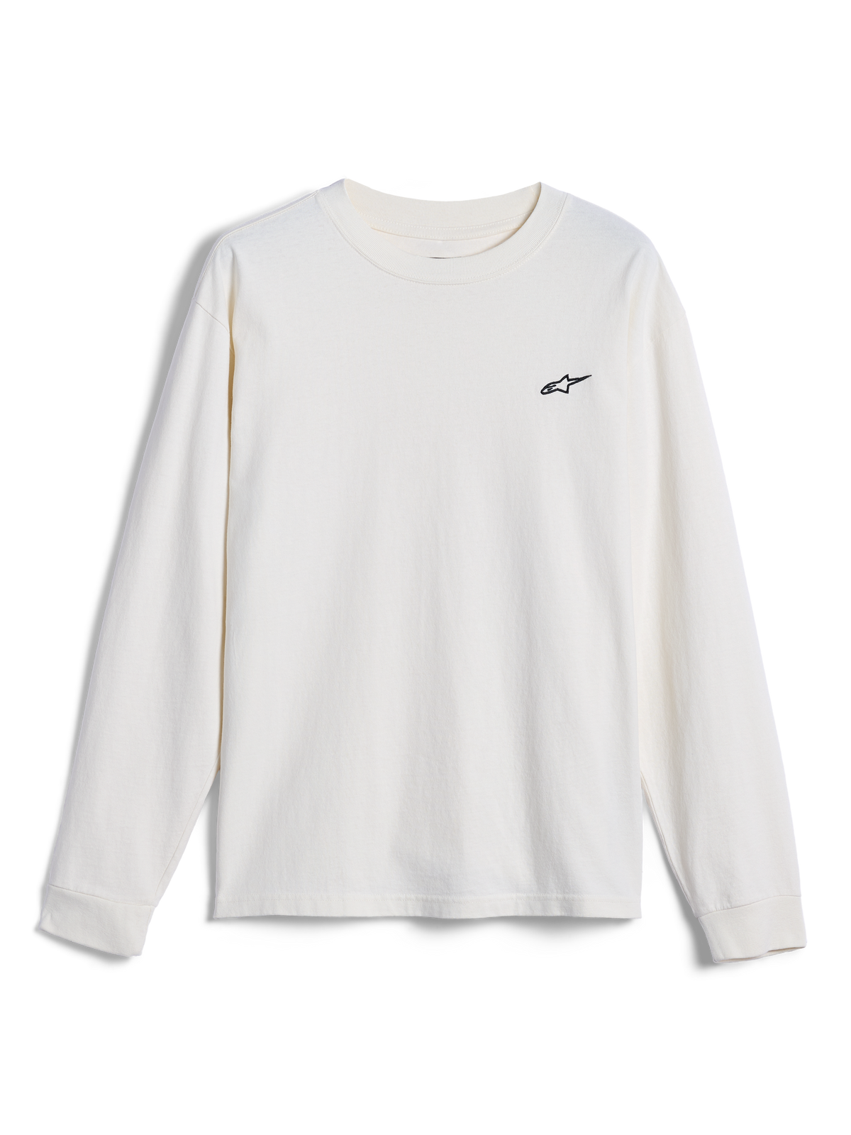 Alpinestars Essentials Ageless LS Tee, långärmad t-shirt, off-white, med en liten svart Alpinestars-logotyp på bröstet, vardaglig motorsport-inspirerad streetwear