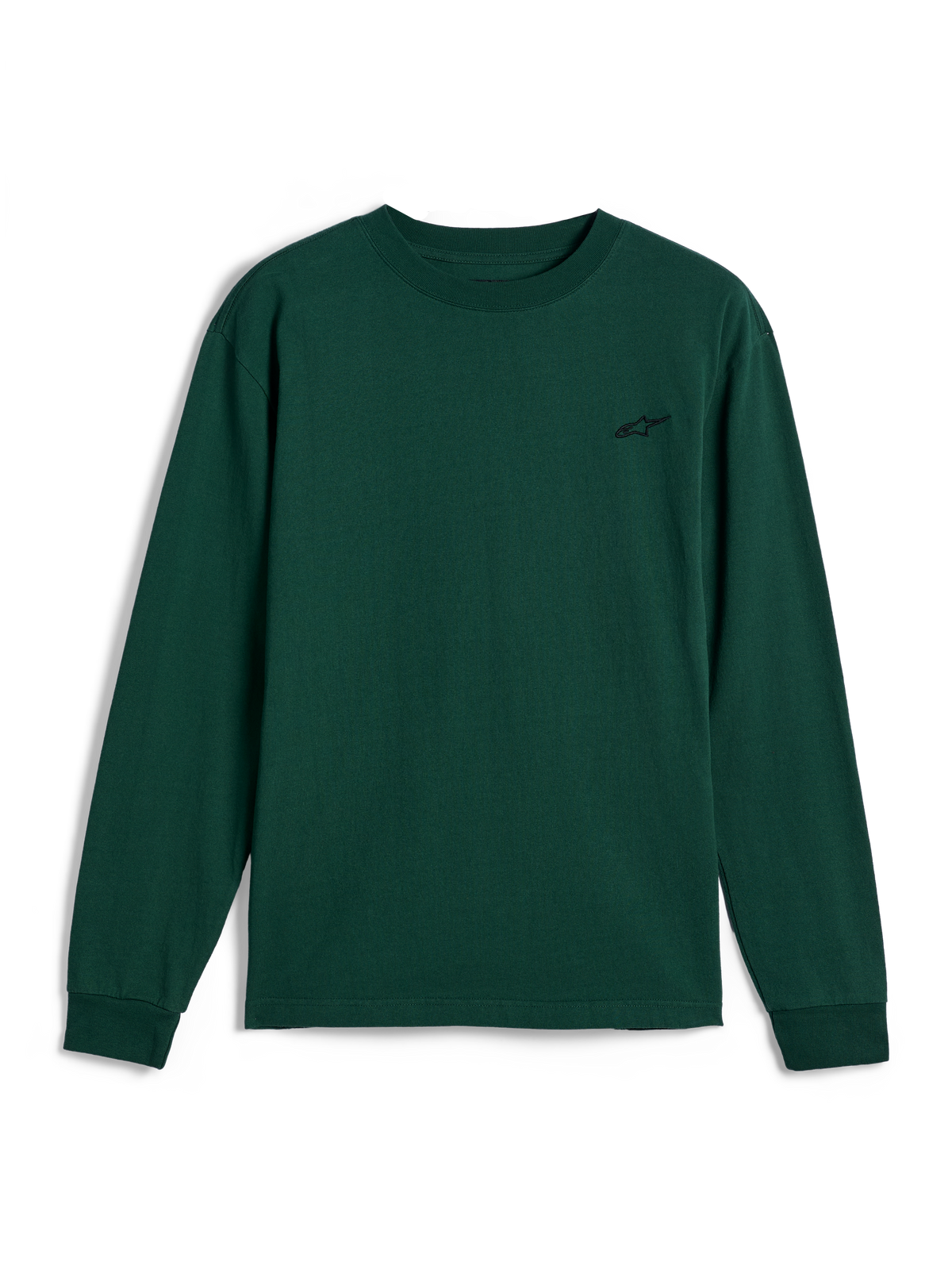 Alpinestars Essentials Ageless LS Tee, långärmad t-shirt, tallgrön, liten svart broderad logotyp på vänster bröst, avslappnad motorsport-streetwear