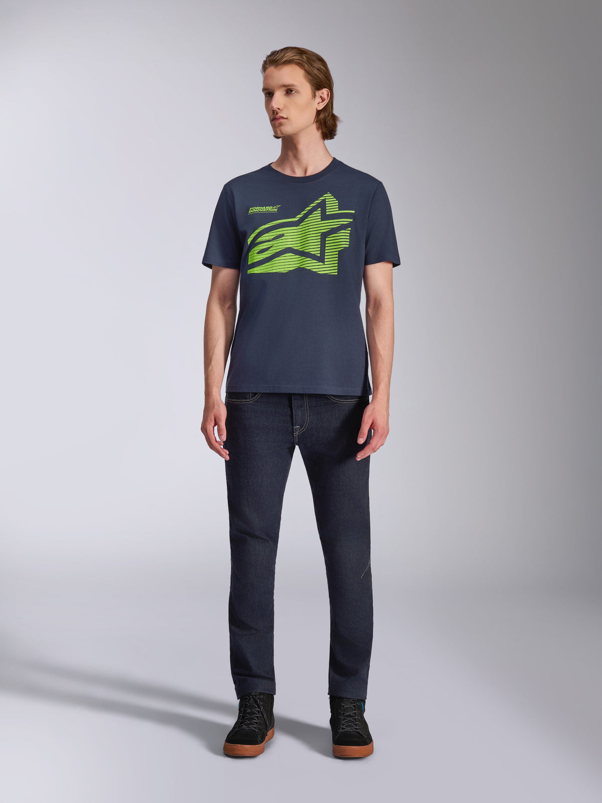 Alpinestars Fasting CSF Tee, Short Sleeve T-Shirt, Navy Blue, Lime Green Geometric Astars Logo, Casual Motorsport Streetwear