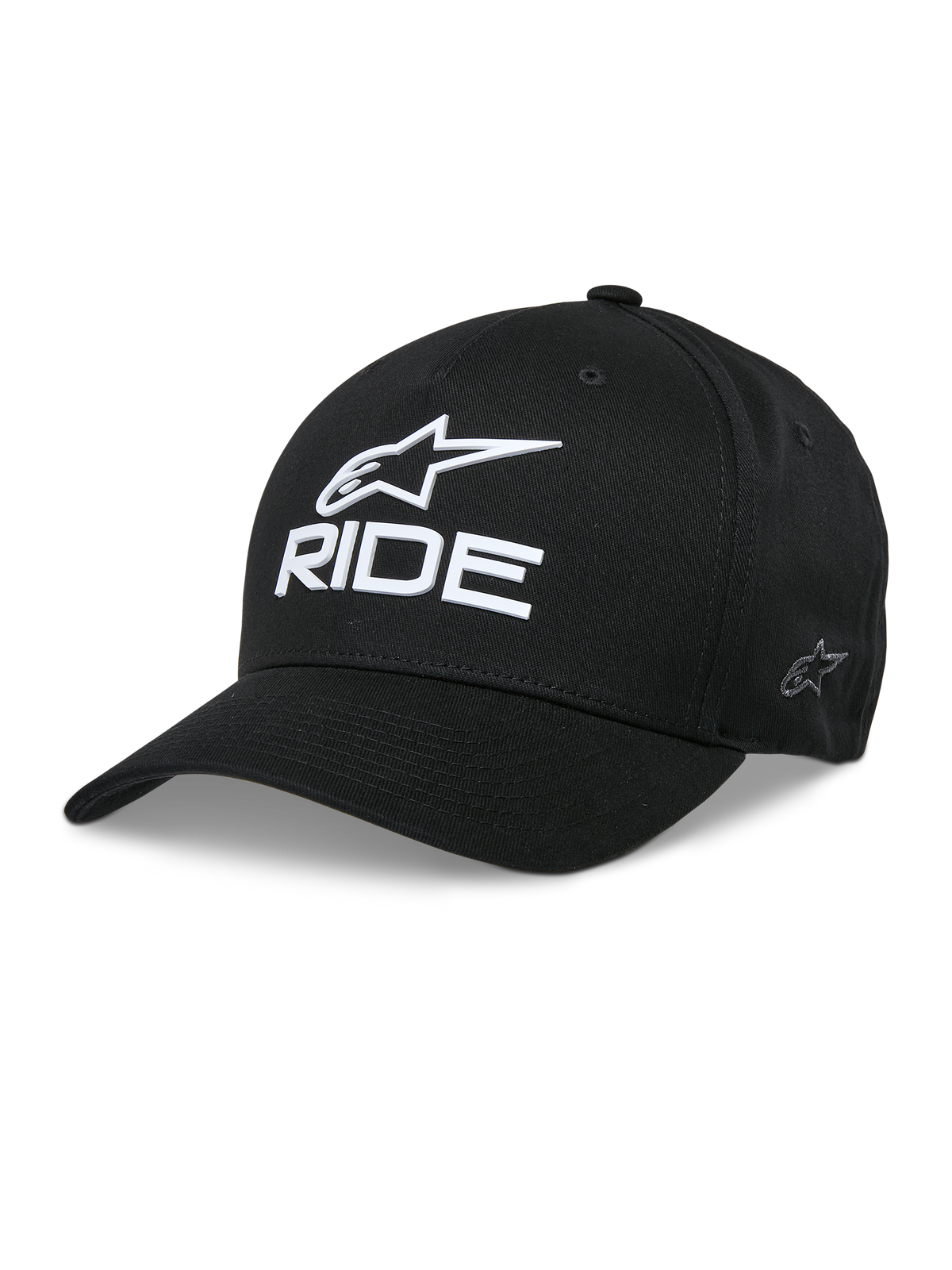 Alpinestars Ride Sonic Hat, svart baseballkeps med vit 3D-broderad stjärnlogotyp och RIDE-text, böjd skärm, strukturerad krona, casual motorsportstil