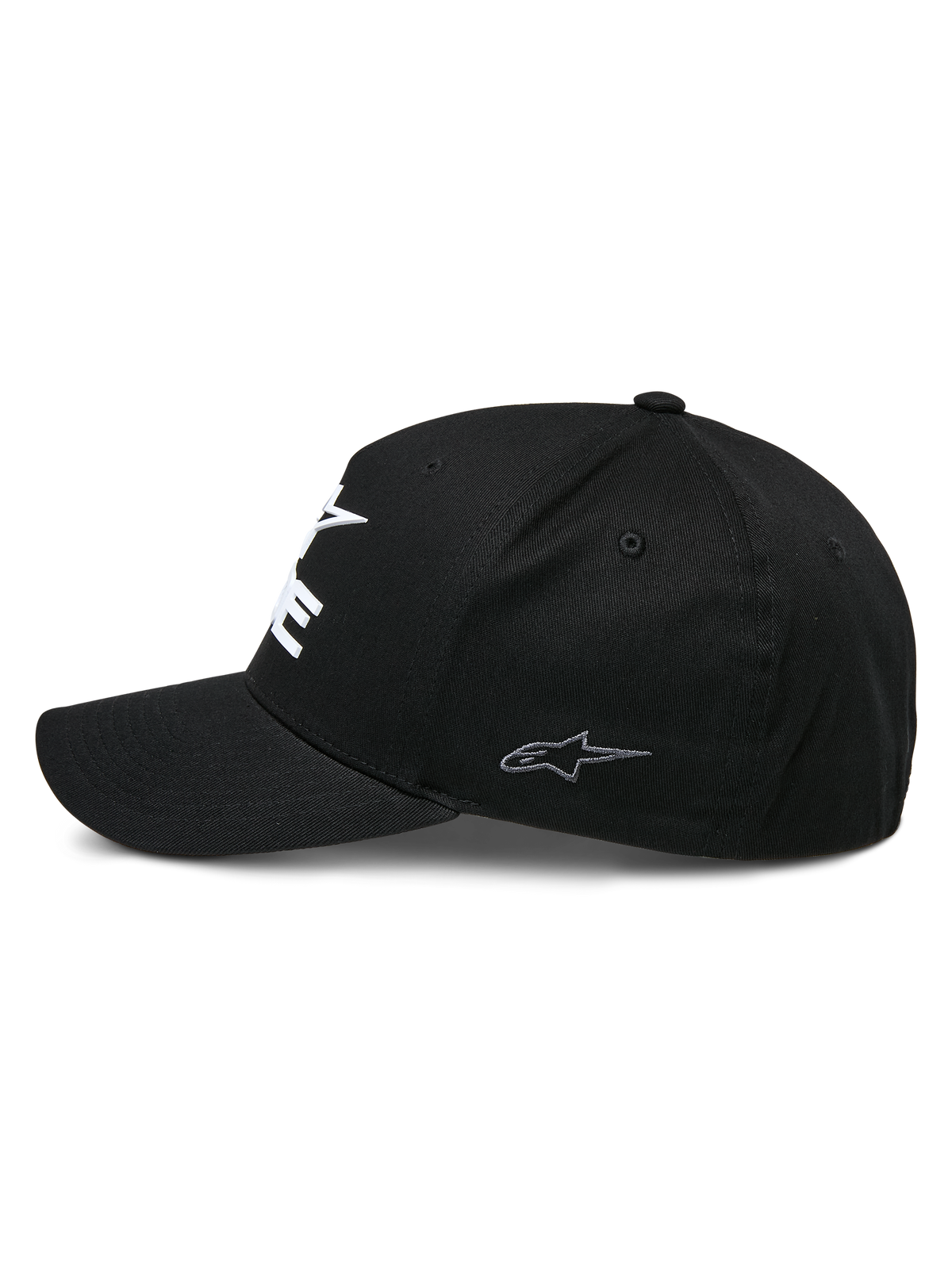 Alpinestars Ride Sonic keps, svart strukturerad baseballkeps, profilvy med böjd skärm och liten grå broderad stjärnlogotyp på sidopanelen, stretchigt twillmaterial, casual motorsport-huvudbonad