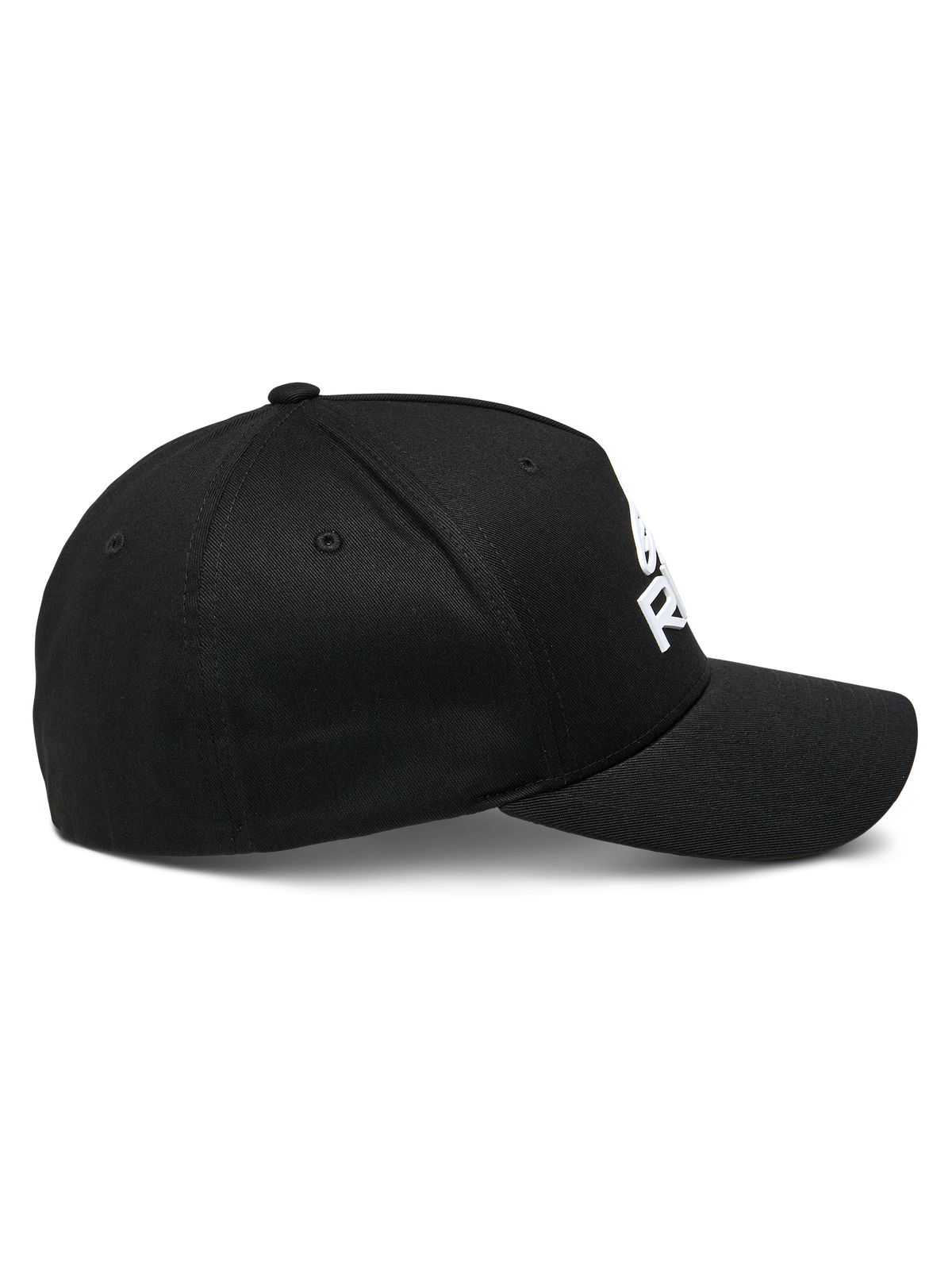Alpinestars Ride Sonic keps, profilvy, svart med vit 3D-broderad logotyp, böjd skärm, strukturerad krona, stretchigt twillmaterial, casual motorsport-huvudbonad