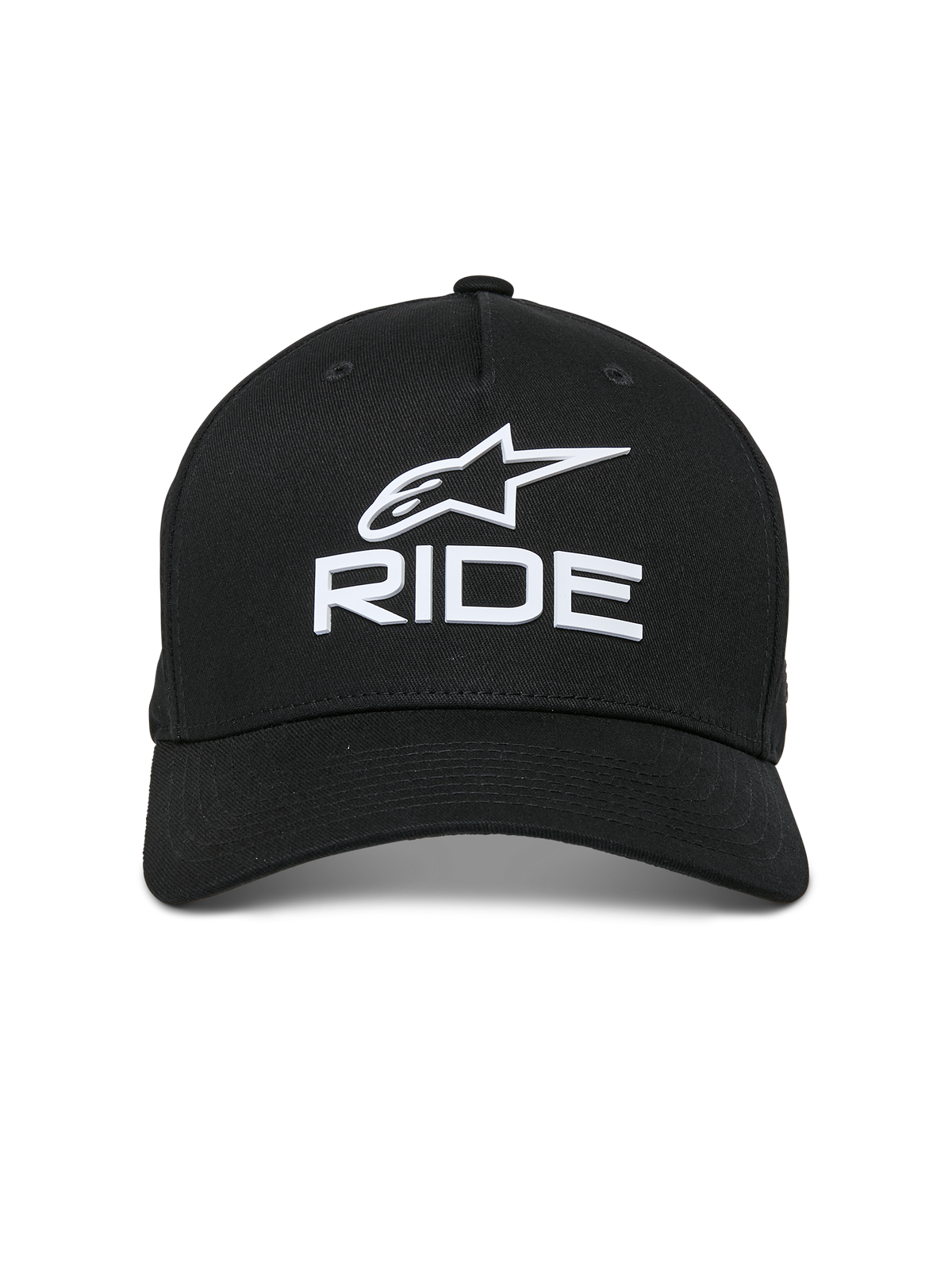 Alpinestars Ride Sonic keps, svart, har vit 3D-broderad logotyp med Alpinestars-stjärnan och 'RIDE'-text, böjd skärm, strukturerad krona, avslappnad motorsport-inspirerad streetwear