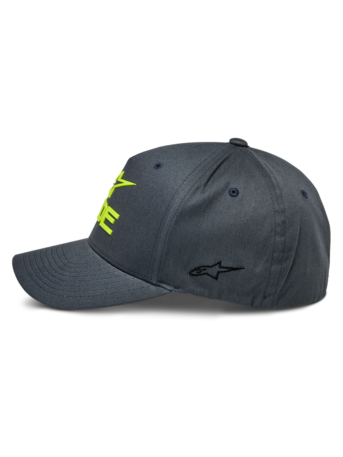 Alpinestars Ride Sonic keps, mörkgrå och neongul, sidoprofil som visar böjd skärm och strukturerad krona, 3D-broderad gul logotyp på framsidan och liten svart stjärnlogotyp på sidopanelen, avslappnad motorsporthuvudbonad