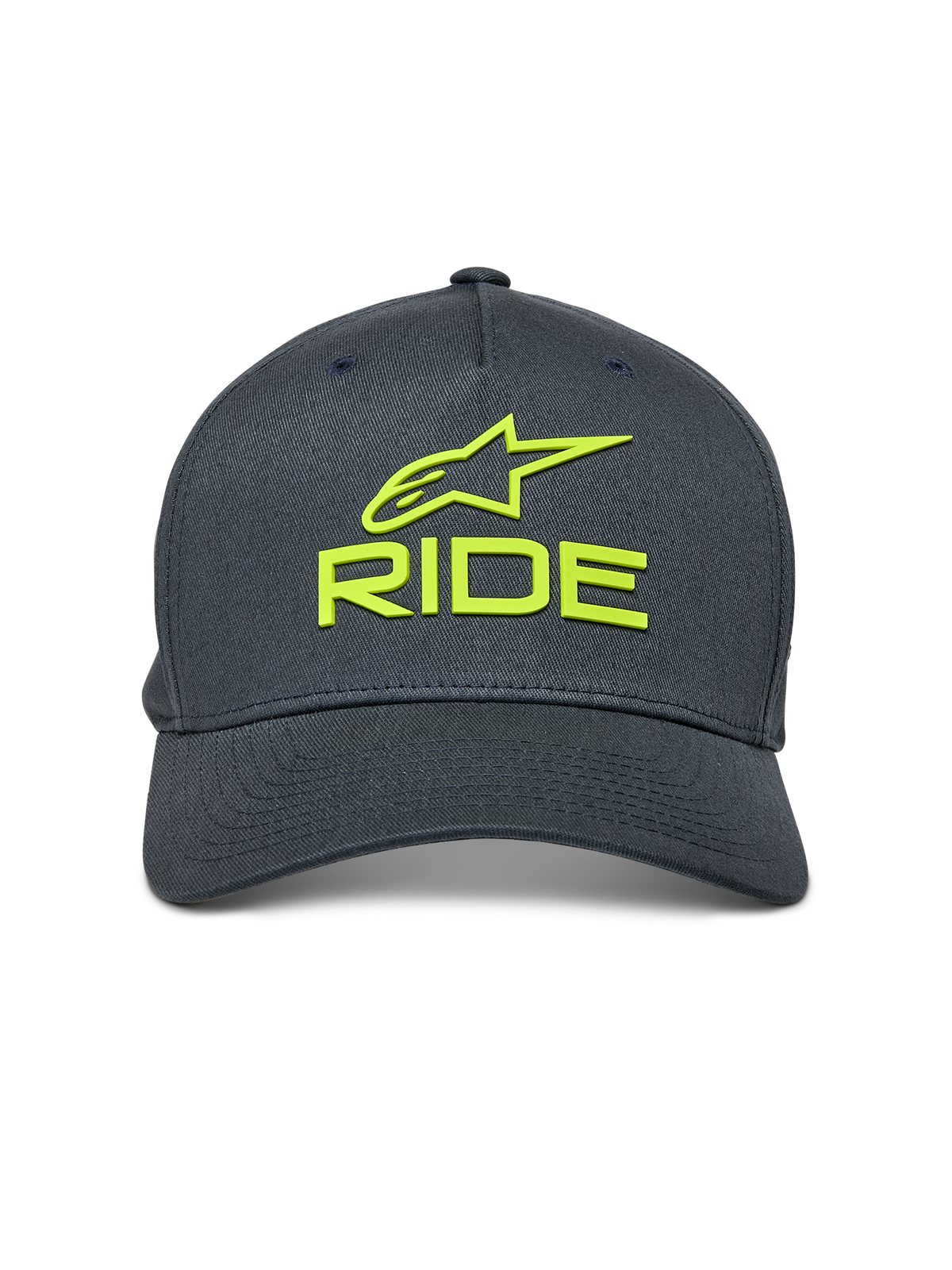 Alpinestars Ride Sonic keps, mörkgrå med neongula detaljer, 3D-broderad Alpinestars-logotyp och RIDE-text, böjd skärm, strukturerad krona, vardaglig motorsport-inspirerad huvudbonad