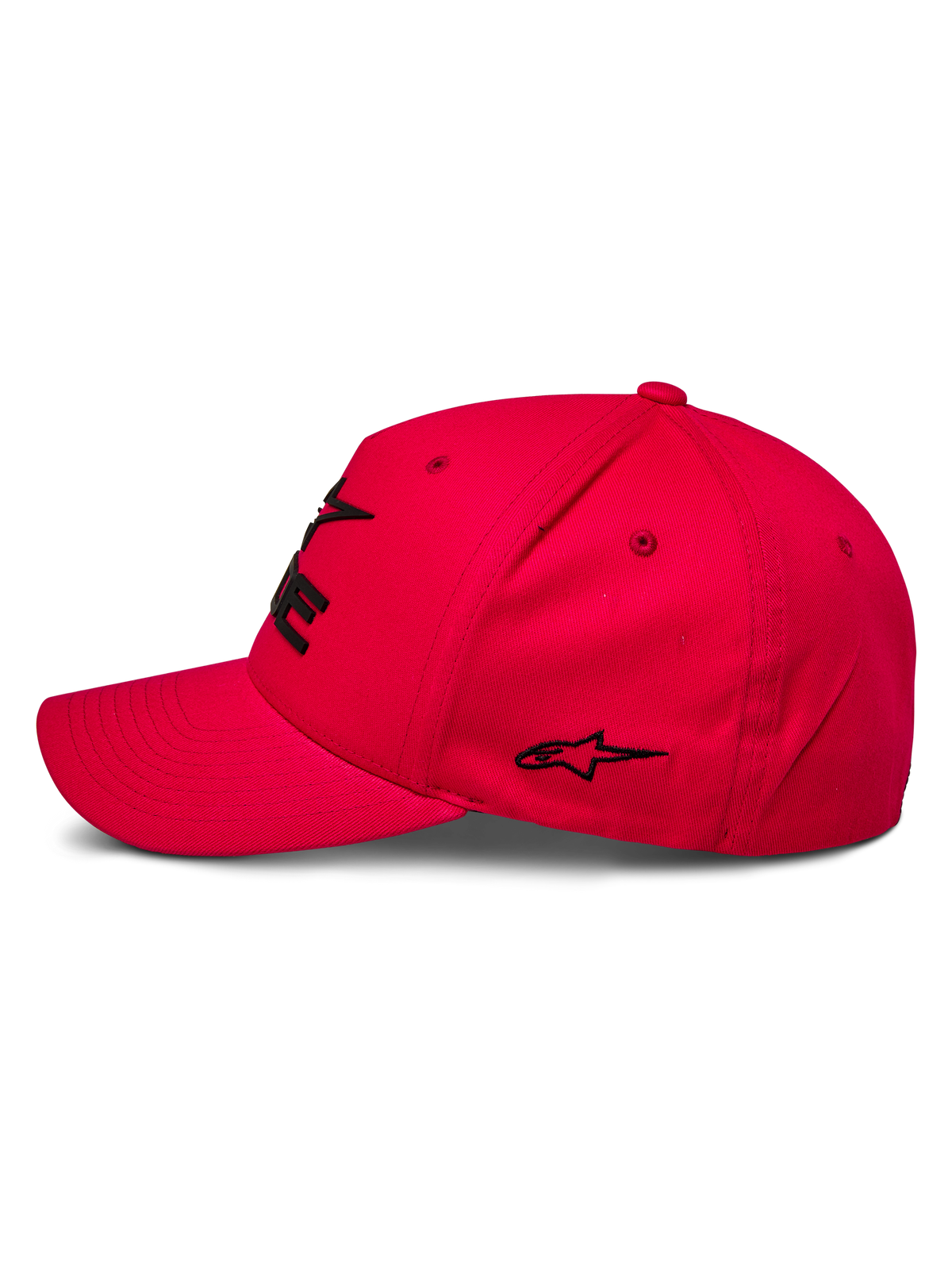 Alpinestars Ride Sonic Hat, sportswear-keps, röd, profilvy med böjd skärm och strukturerad krona, svart 3D-broderad logotyp och stjärndetalj, avslappnad motorsport-inspirerad design