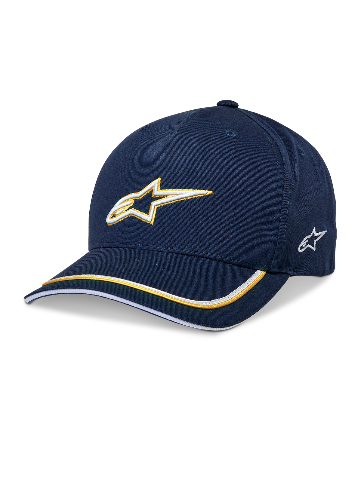 Alpinestars Ascension Snapback Hat, Baseball Cap, Navy Blue and Gold, 3D embroidered Astars logo, curved brim with yellow and white stripes, casual motorsport headwear