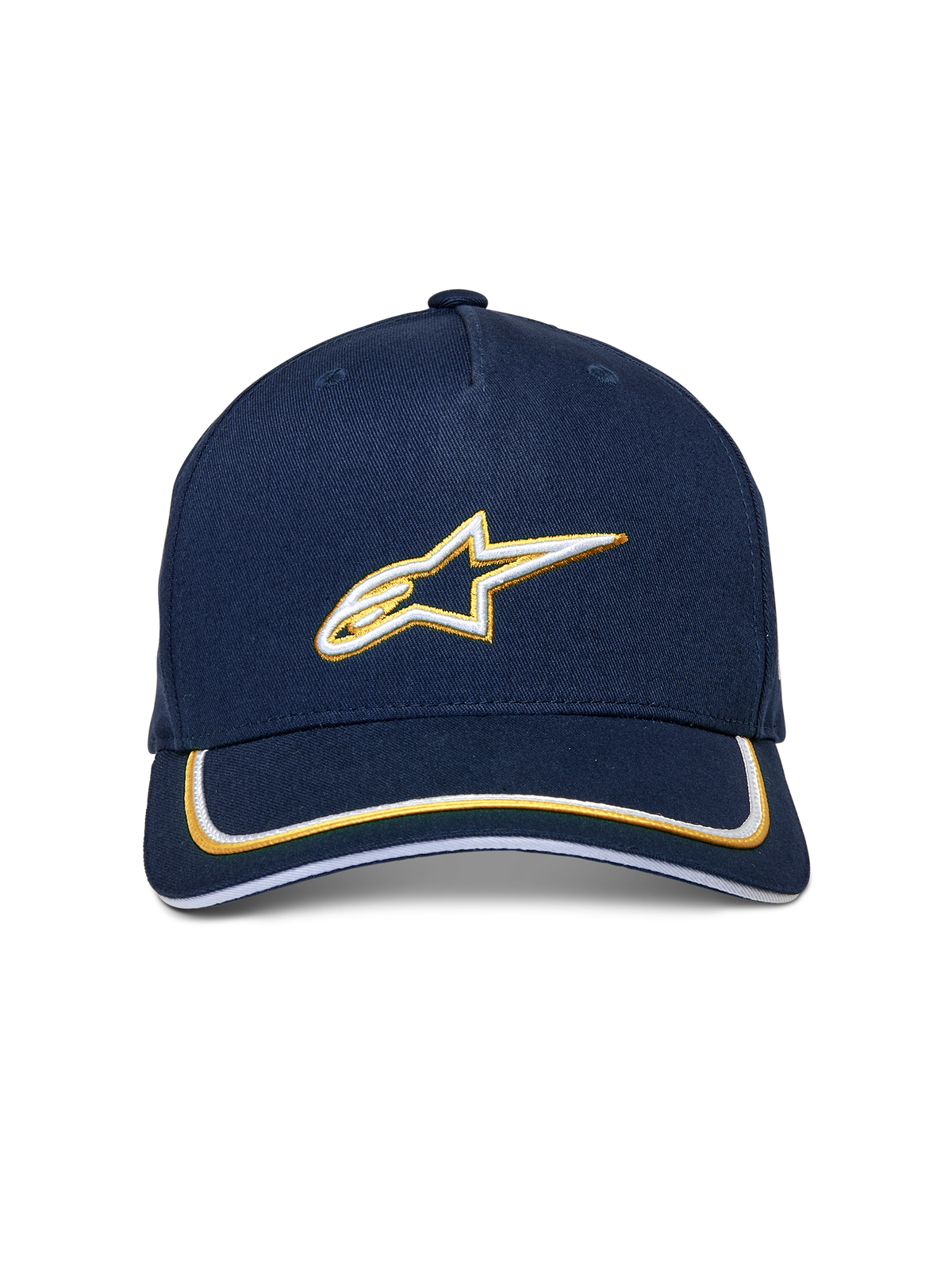 Alpinestars Ascension Snapback Hat, Navy and Gold, 3D embroidered white and gold Astars logo, curved bill with double sutache trim, casual motorsport-inspired headwear