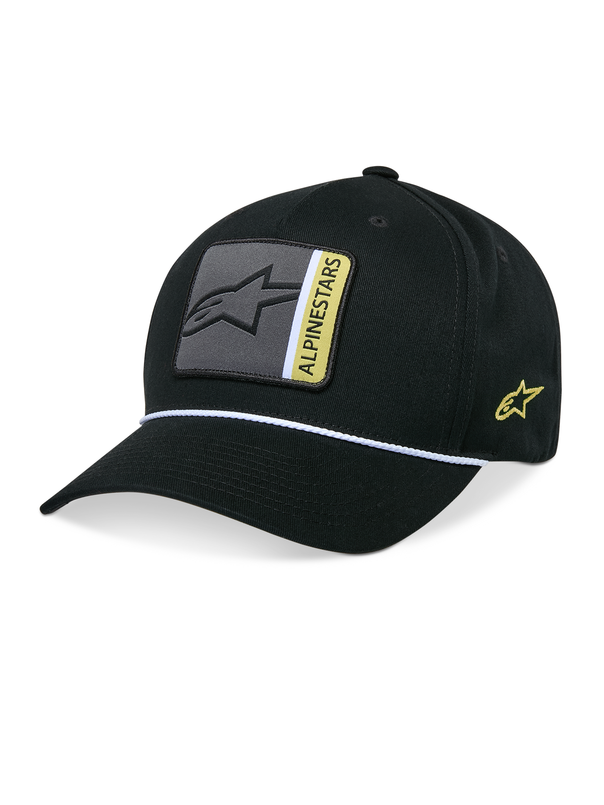Alpinestars Specific Snapback keps, svart med böjd skärm och vit flätad repdetalj, grått och gult logotypmärke framtill, gul logotypbrodyr på sidan, strukturerad krona, vardaglig motorsportinspirerad huvudbonad