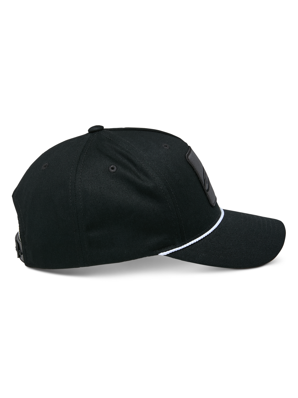 Alpinestars Specific Snapback-keps, svart, sidoprofil som visar böjd skärm med vit flätad repdetalj, strukturerad krona, vardaglig motorsport-huvudbonad