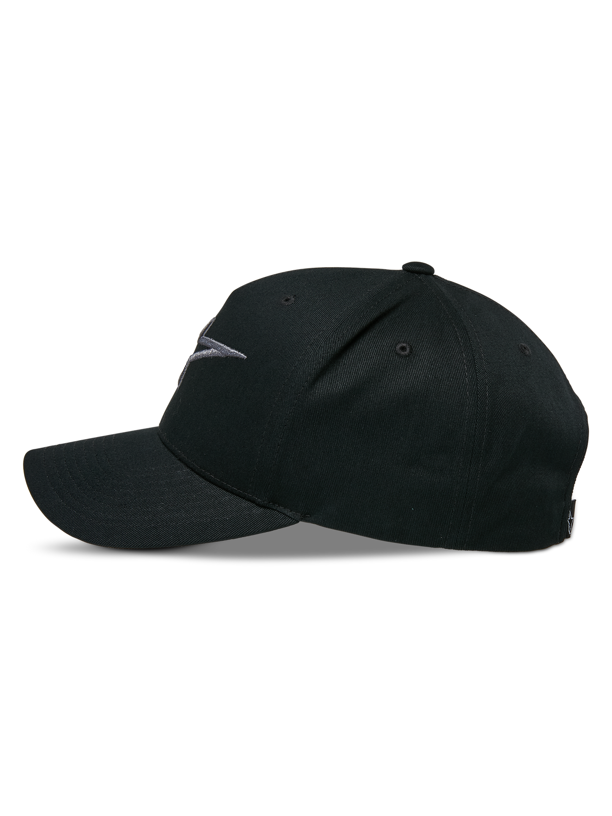 Alpinestars Ageless Snapback-keps, sidoprofil, Black Charcoal, böjd skärm med strukturerad krona, 3D-broderad logotyp framtill, huvudtyg i bomullstwill, casual motorsport-keps