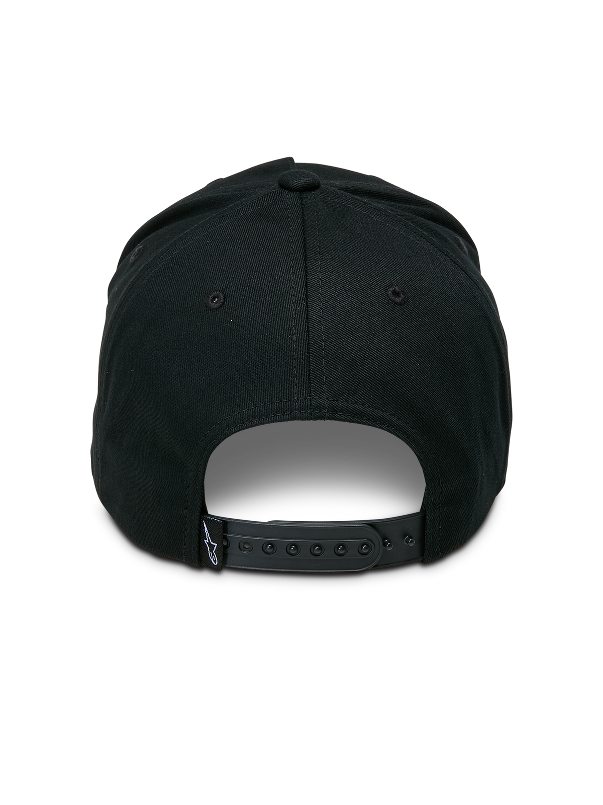 Alpinestars Ageless Snapback-keps, svart, vy bakifrån med justerbar snapback-stängning, liten vävd etikett med stjärnlogotyp, strukturerad krona i bomullstwill, vardaglig motorsport-inspirerad huvudbonad