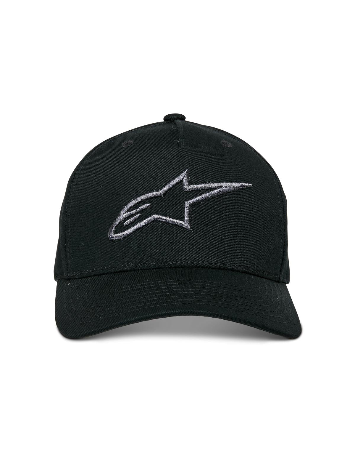 Alpinestars Ageless Snapback-keps, Black Charcoal, böjd skärm, strukturerad krona, 3D-broderad linjär logotyp, vardaglig motorsport-inspirerad huvudbonad