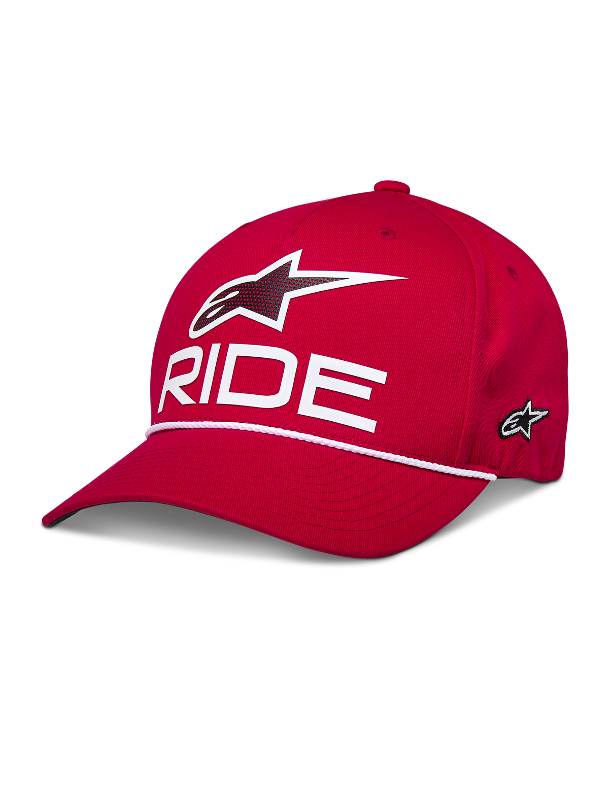 Alpinestars Ride Comp Snapback-keps, röd med vit 3D Astars-logotyp och RIDE-text, böjd skärm med vit flätad repdetalj, strukturerad krona, casual sportswear