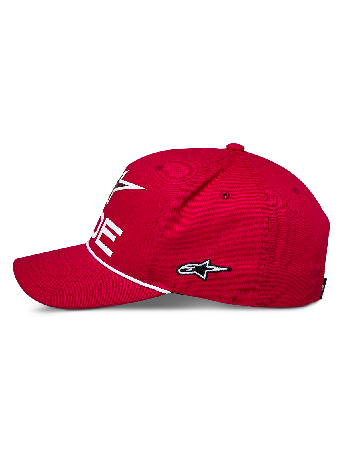 Alpinestars Ride Comp Snapback-keps, röd, sidoprofil, vit broderad stjärnlogotyp på sidan, flätad vit repdetalj, böjd skärm, avslappnade motorsportkläder