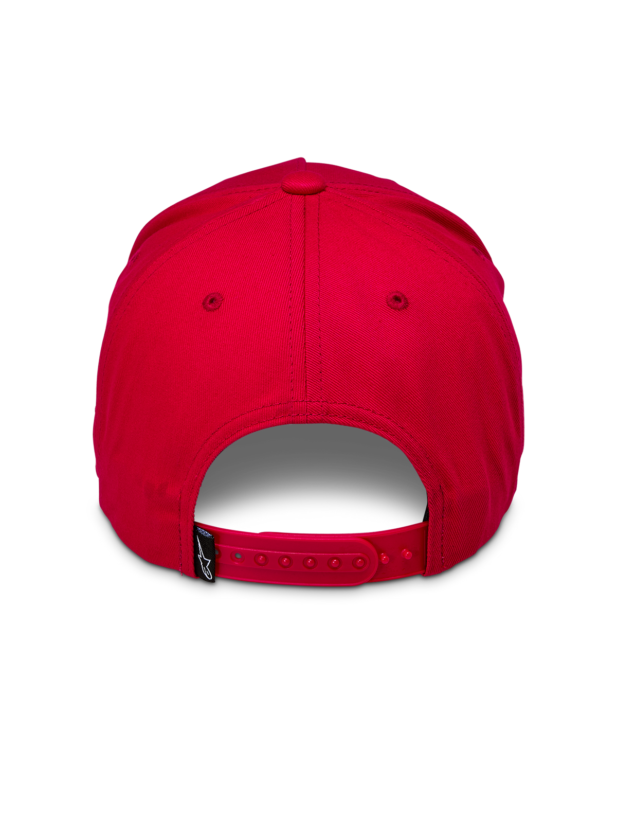 Alpinestars Ride Comp Snapback Keps, röd, vy bakifrån med en justerbar röd snapback-stängning och en liten svart vävd etikett med vit logotyp, strukturerad krona, vardaglig huvudbonad