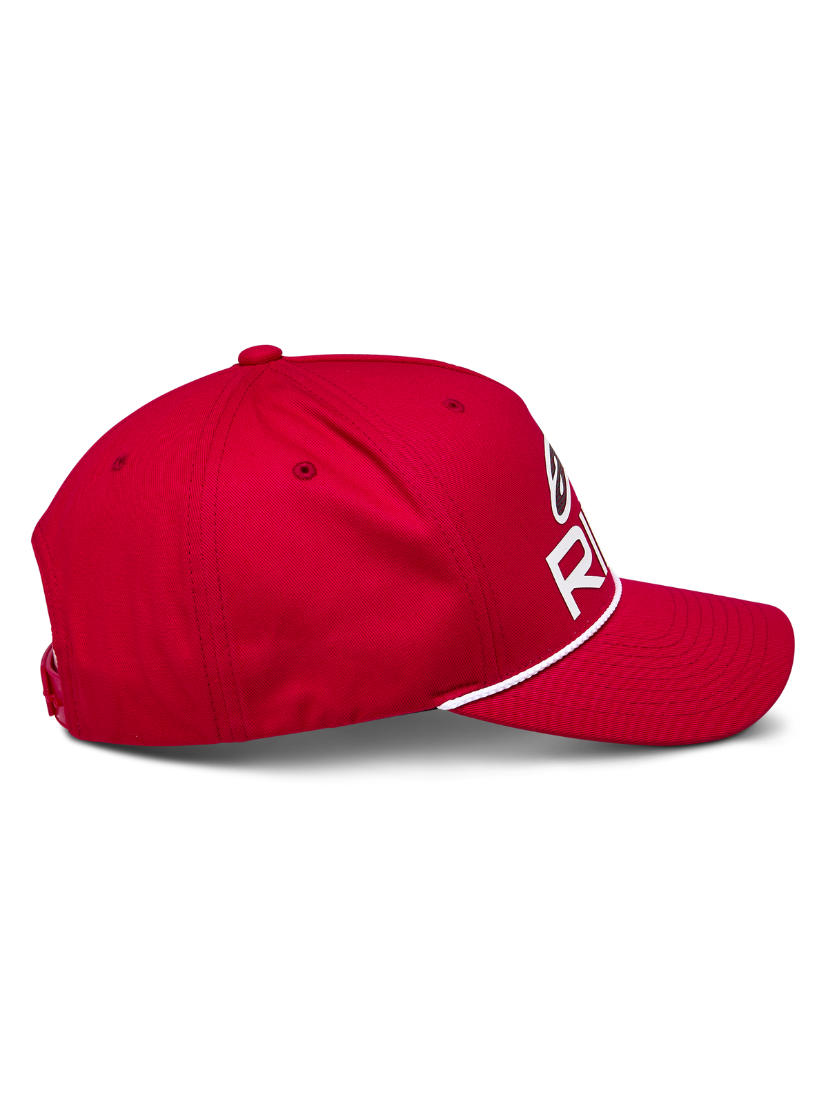 Alpinestars Ride Comp Snapback-keps, röd, sidoprofil, böjd skärm med vit flätad repdetalj, strukturerad krona med vit Astars Ride-logotyp, vardaglig motorsport-huvudbonad
