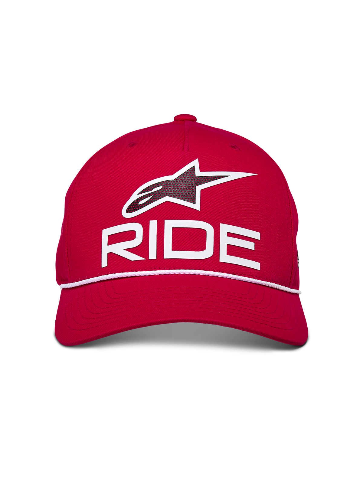 Alpinestars Ride Comp Snapback Keps, röd med vitt och svart, med 3D-tryckt Astars Ride-logga och vit flätad repdetalj, strukturerad krona med böjd skärm, vardaglig motorsport-inspirerad keps