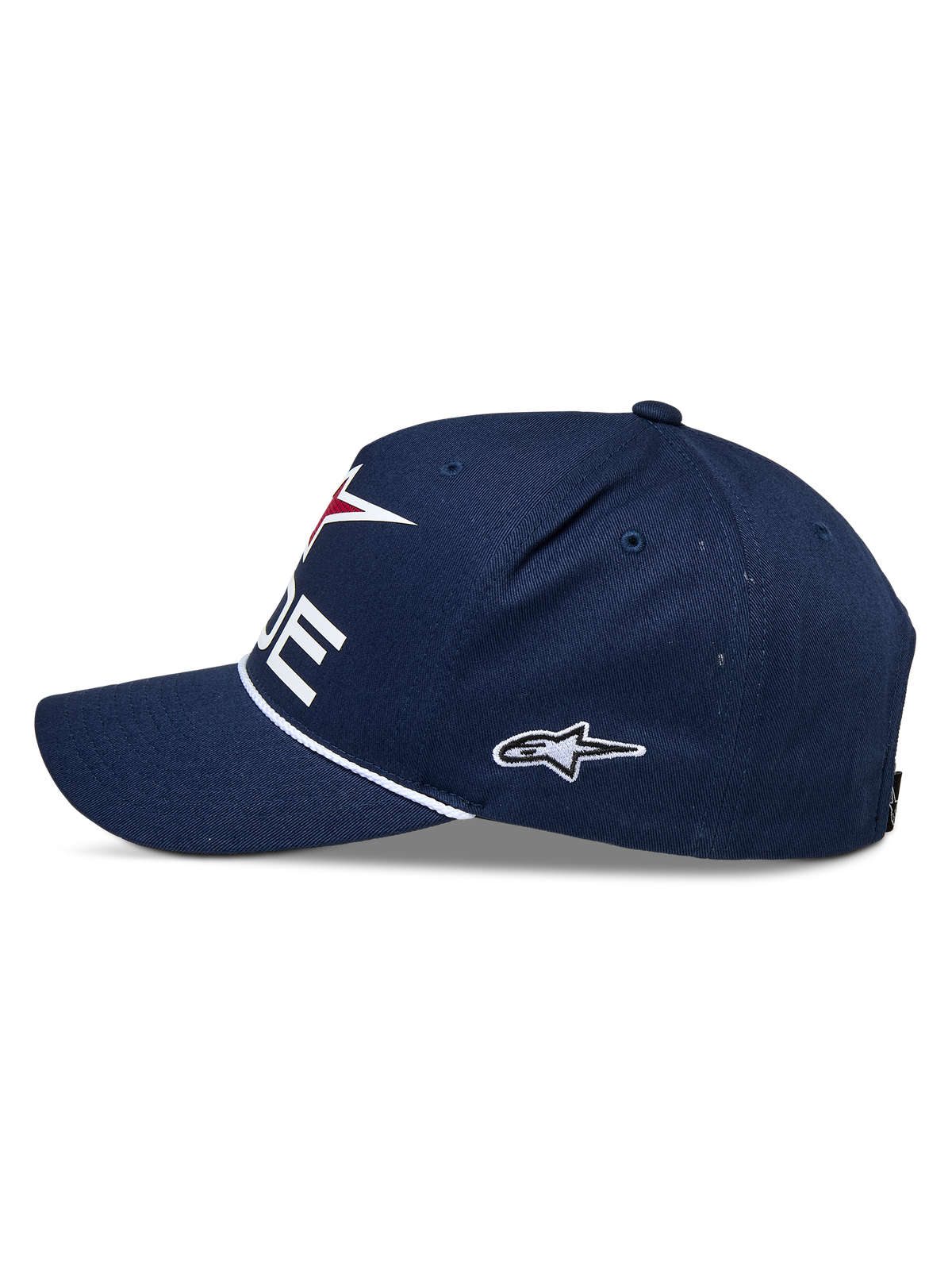 Alpinestars Ride Comp Snapback-keps, marinblå, vit och röd, sedd från sidan, strukturerad krona med böjd skärm, vit flätad repkant, broderad sidologotyp, avslappnad keps för motorsport