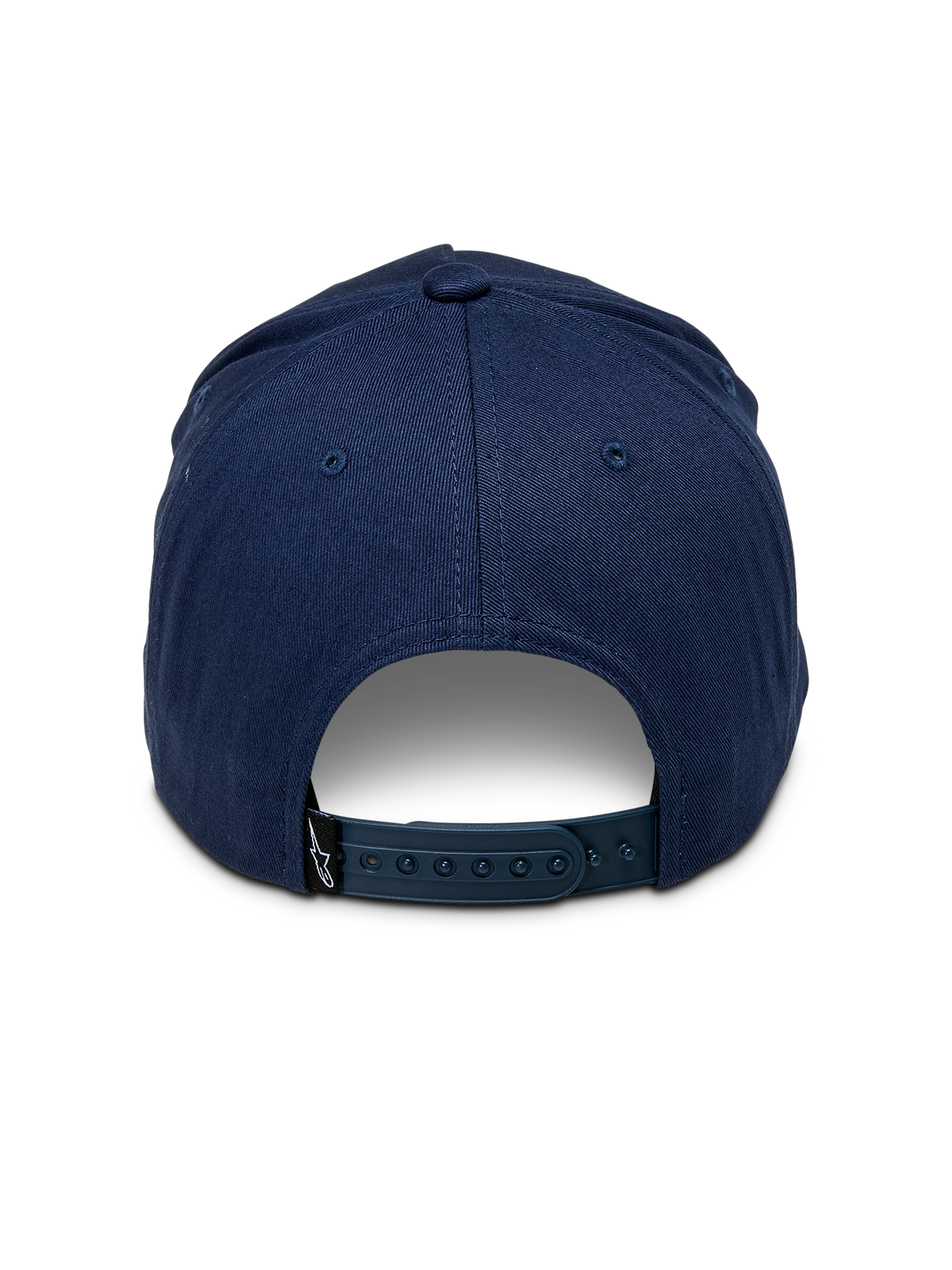 Alpinestars Ride Comp Snapback-keps, marinblå, vy bakifrån som visar justerbart snapback-spänne i plast, liten svart logotypetikett, strukturerad krona i bomullstwill, avslappnad motorsportinspirerad huvudbonad
