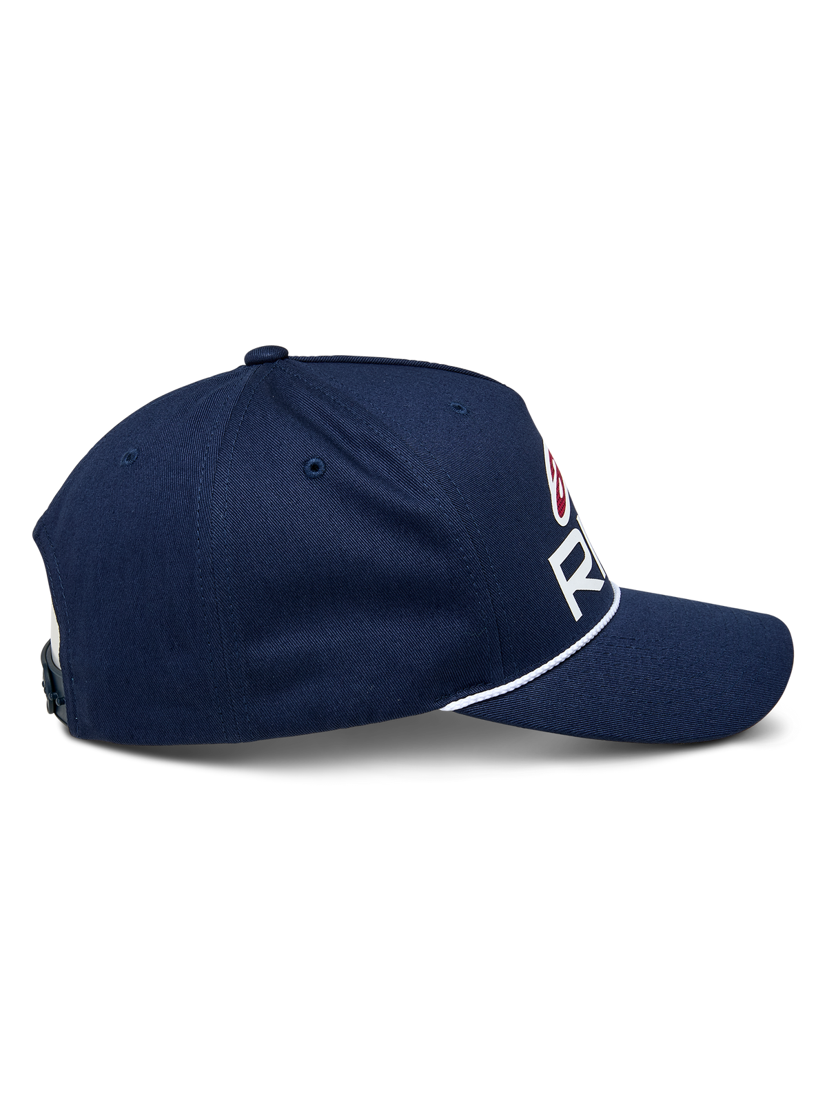 Alpinestars Ride Comp Snapback-keps, marinblå med vita och röda detaljer, sidoprofil som visar böjd skärm och vit flätad repkant, strukturerad krona, avslappnad motorsport-keps