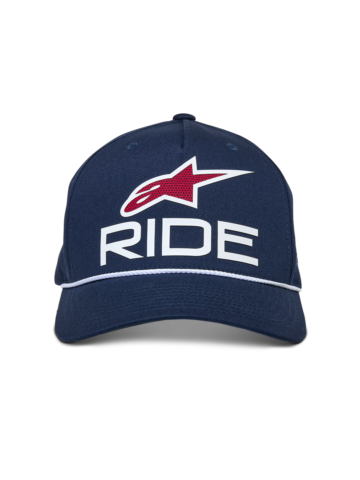Alpinestars Ride Comp Snapback keps, marinblå med vita och röda detaljer, med en RIDE-logotyp i 3D, rött stjärnemblem och vit flätad repkant, böjd skärm, vardaglig motorsport-huvudbonad