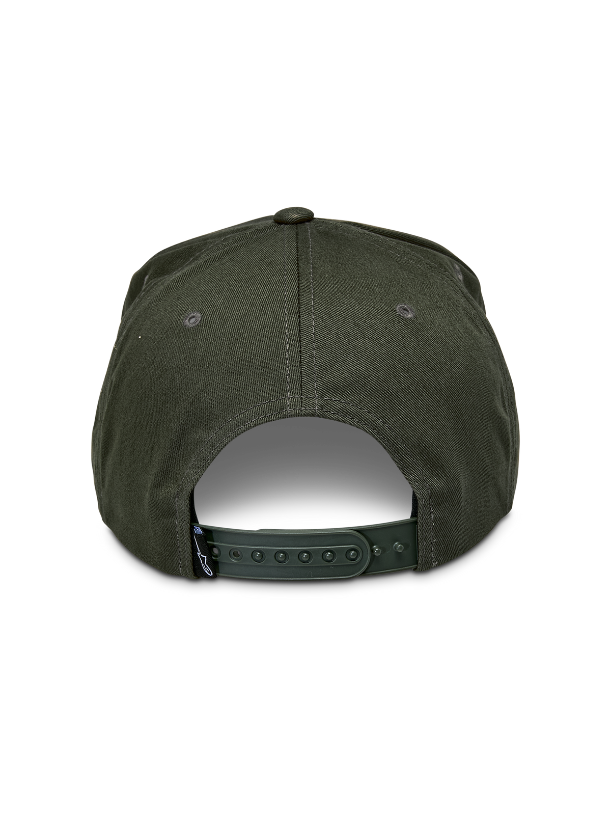 Alpinestars Promptus Snapback-keps, militärgrön, baksida med justerbar snapback-stängning och bomullstwill, liten svart märkesetikett, vardaglig motorsportinspirerad keps