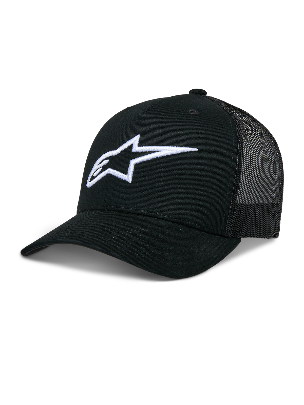 Alpinestars Ageless Trucker Hat, svart keps med meshbaksida, vit 3D-broderad Astars-logotyp, strukturerad krona och böjd skärm, avslappnad lifestyle-keps