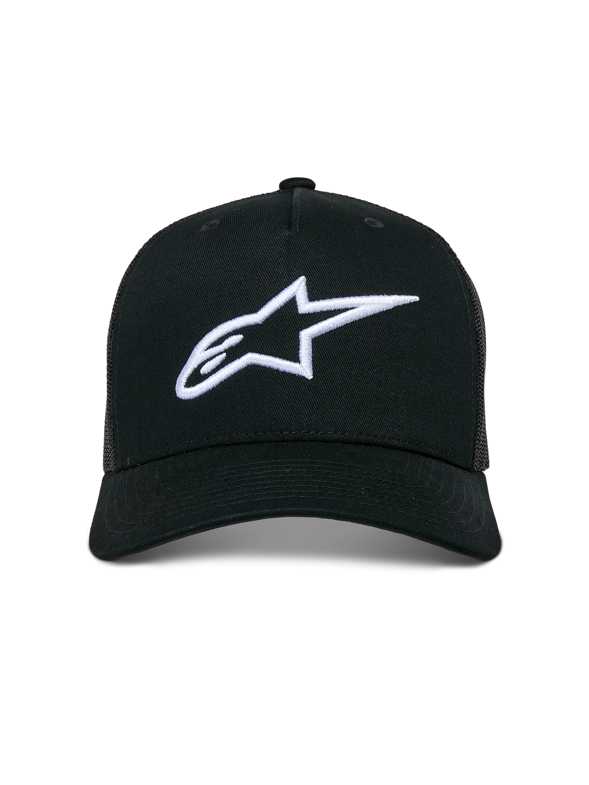Alpinestars Ageless Trucker Hat, vardaglig trucker-keps, svart med vit 3D-broderad Astars-logotyp, med böjd skärm och mesh-paneler baktill, motorsportinspirerat streetwear