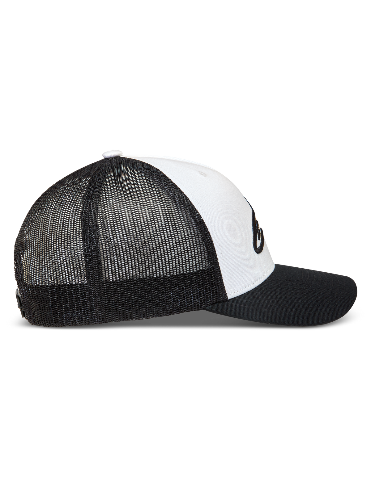 Alpinestars Ageless Snapback keps, svart och vit truckerkeps i sidoprofil med böjd skärm och nätbaksida.