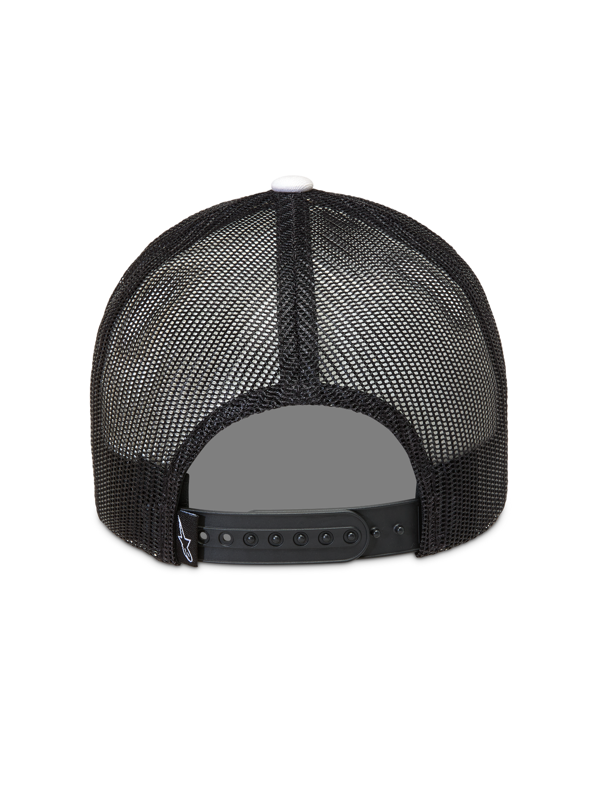 Alpinestars Ageless Snapback keps, svart truckerkeps med baksida i mesh, justerbar stängning och vit knopp på toppen