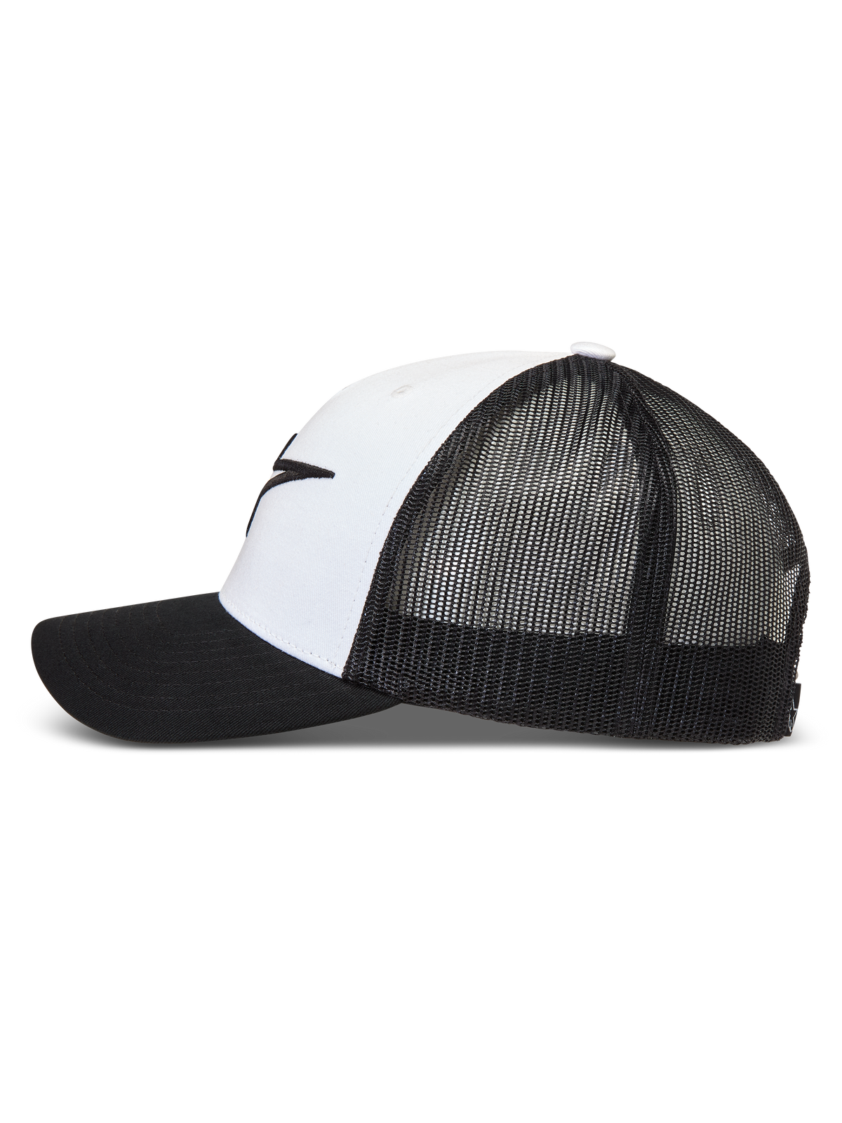 Alpinestars Ageless Snapback keps, vit och svart trucker-modell med ventilerande mesh-baksida och böjd skärm, sidoprofil