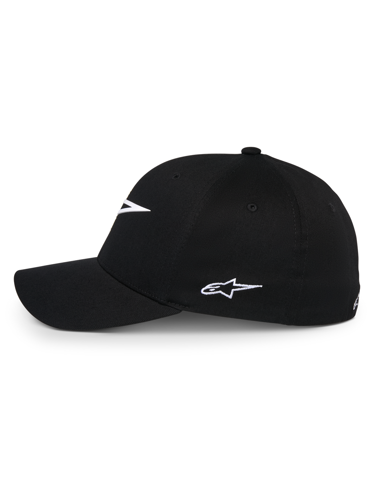 Alpinestars Ageless Multi Hat, Black baseball cap, side profile view with white embroidered Astars logo, curved bill and structured crown, casual sportswear