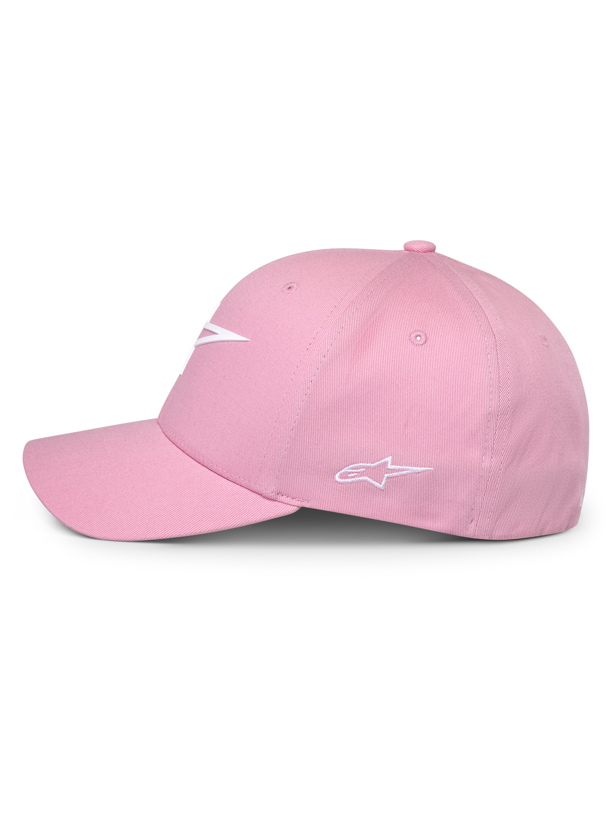 Alpinestars Ageless Multi Hat, rosa, sedd från sidan, vit 3D-tryckt logotyp framtill och broderad logotyp på sidan, strukturerad krona med böjd skärm, vardaglig motorsportinspirerad huvudbonad