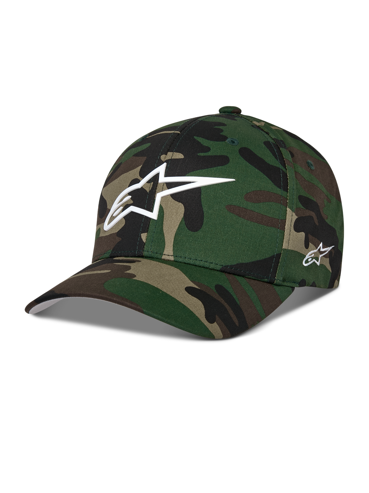Alpinestars Ageless Multi Hat, Green Camo Baseball Cap, features white 3D Astars logo on front and side embroidery, curved bill, structured crown, casual motorsport-inspired streetwear