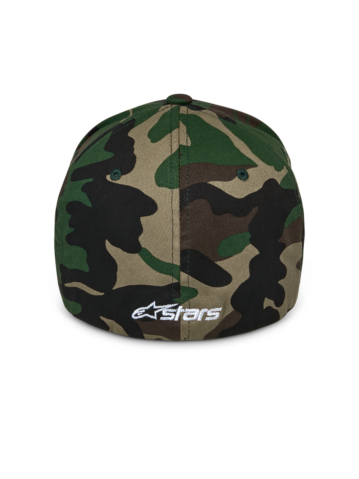 Alpinestars Ageless Multi Hat, Green Camo baseball cap, back view showing a small white embroidered Astars logo, featuring a structured crown and flex back design