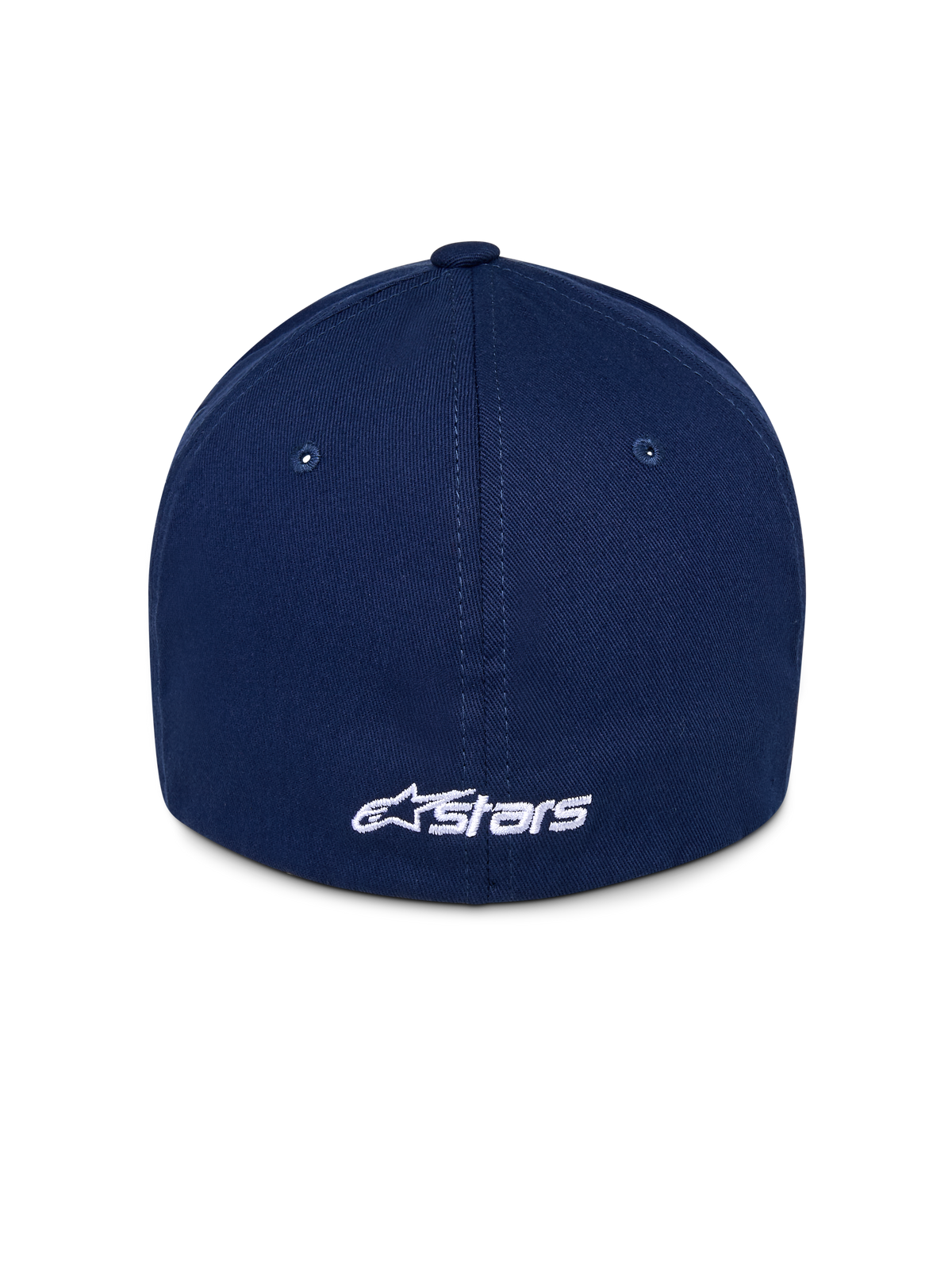 Alpinestars Ageless Multi Hat, marinblå baseballkeps, vy bakifrån med vit broderad Astars-logotyp, strukturerad krona med sydda paneler, avslappnad motorsportinspirerad huvudbonad