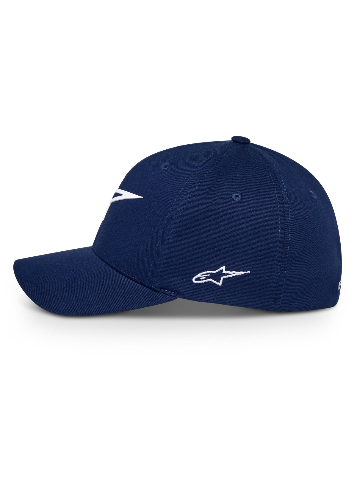 Alpinestars Ageless Multi keps, marinblå, sidoprofil av en baseballkeps med böjd skärm och vit broderad Astars-logotyp, sportig huvudbonad