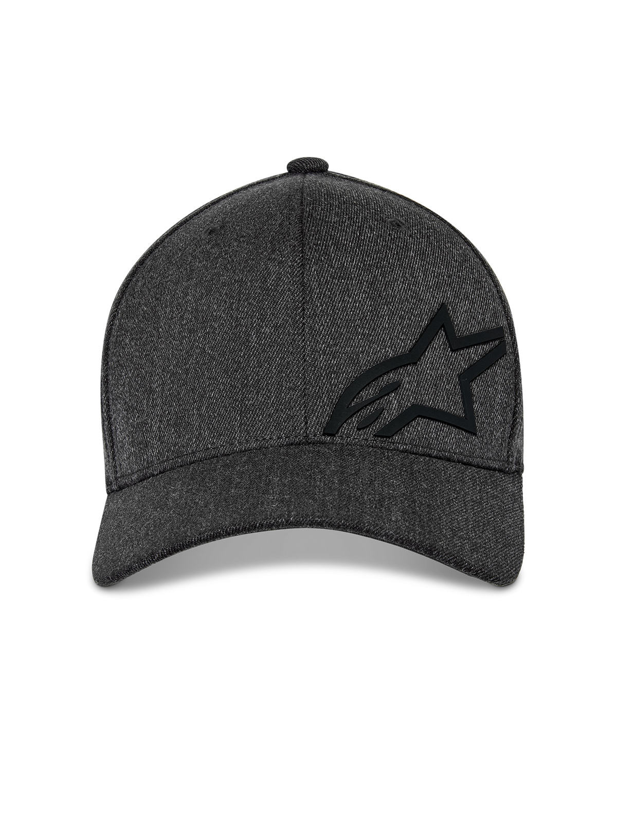Alpinestars Corp Shift Multi Hat, baseballkeps, mörkgrå melerad, vy framifrån med en strukturerad krona, svart 3D Astars-logotyp och böjd skärm, avslappnad motorsport-streetwear