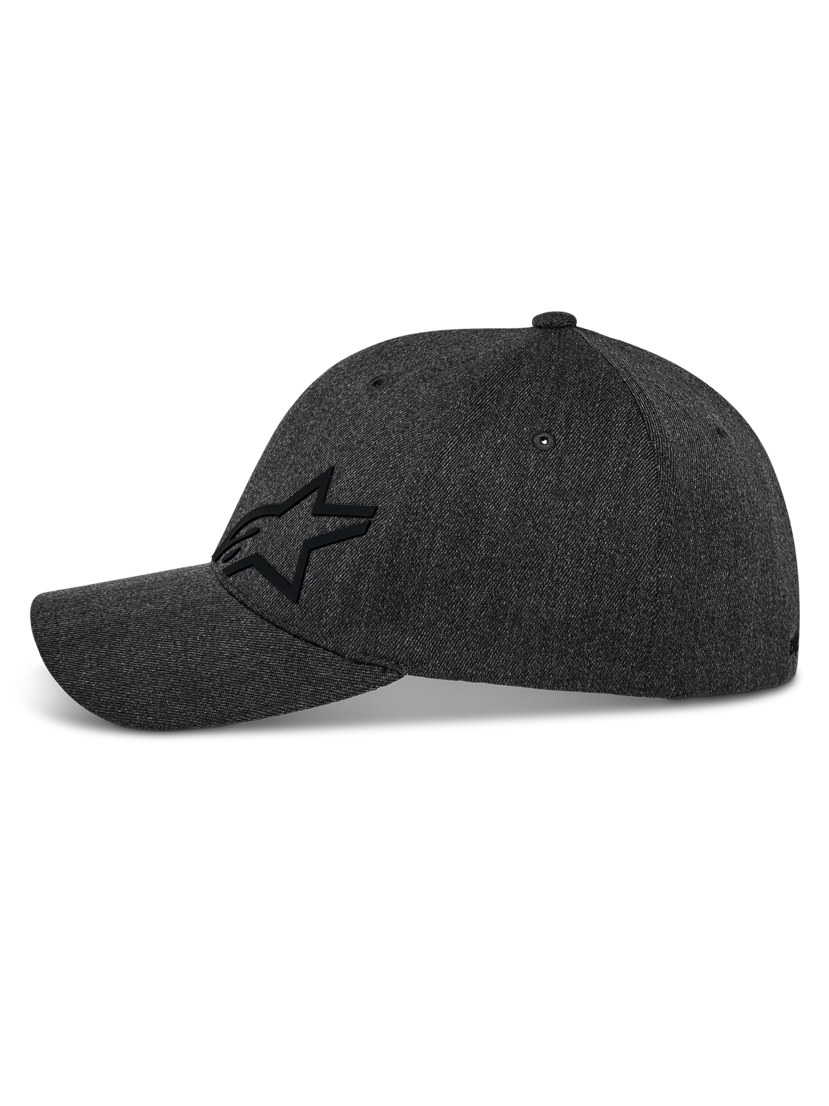 Alpinestars Corp Shift Multi keps, baseballkeps, mörkgrå melerad, sidoprofil med svart 3D Astars-stjärnlogotyp, böjd skärm, strukturerad krona, stretch-twilltyg, avslappnad motorsportinspirerad huvudbonad