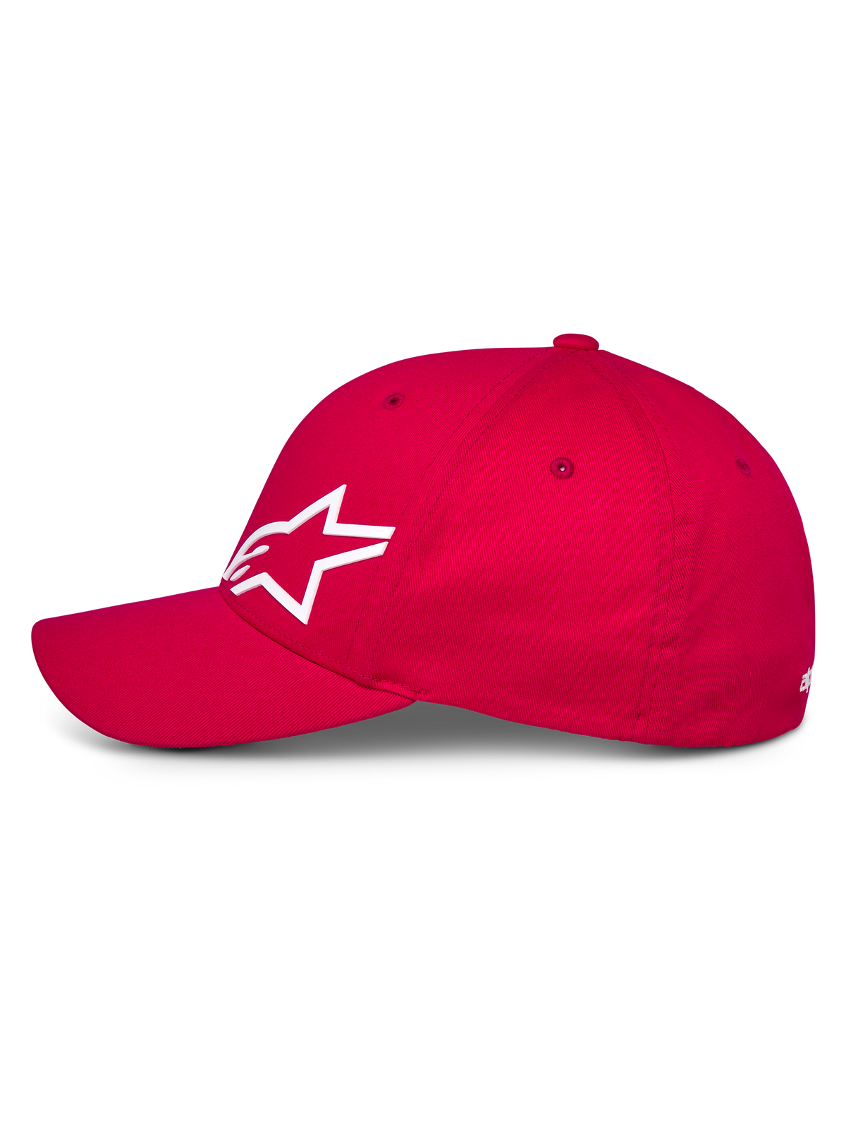 Alpinestars Corp Shift Multi Keps, röd baseballkeps i sidoprofil som visar en vit 3D Astars-logotyp, böjd skärm och strukturerad krona, vardaglig motorsport-huvudbonad