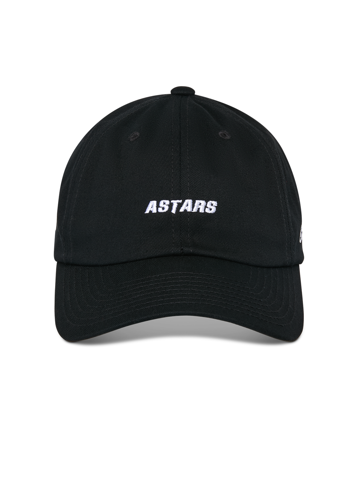 Alpinestars Deduce Strapback keps, svart, framifrån med vit broderad "ASTARS"-text, böjd skärm, ostrukturerad låg profil, vardaglig motorsport-keps