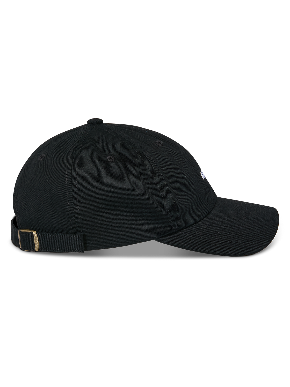 Alpinestars Deduce Strapback-keps, svart, profilvy från sidan, böjd skärm med ostrukturerad låg profil, bomullstwill, justerbar rem baktill med metallspänne, vardaglig motorsport-inspirerad huvudbonad