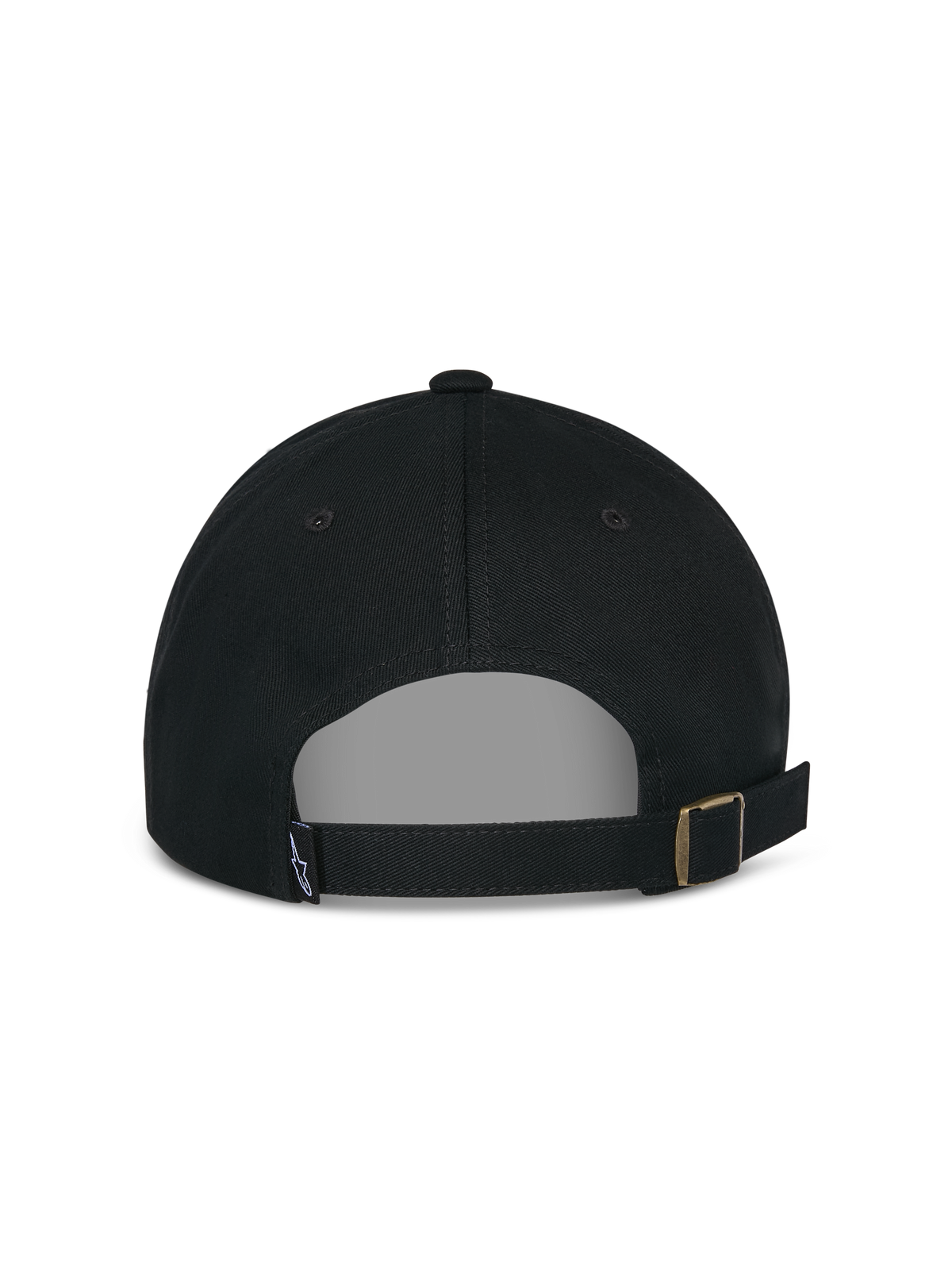 Alpinestars Deduce Strapback keps, svart, vy bakifrån med justerbar rem och metallspänne samt liten logotypetikett, vardaglig keps i bomullstwill