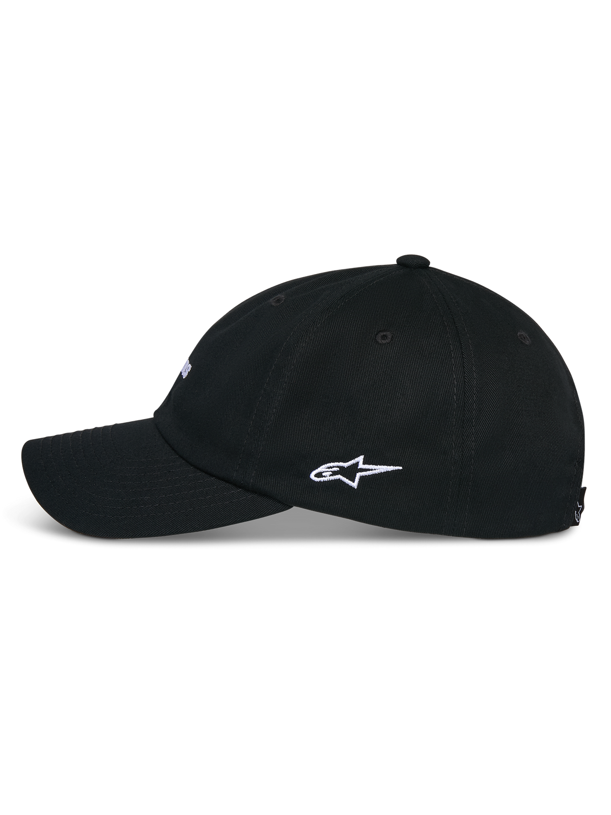 Alpinestars Deduce Strapback-keps, svart, sidoprofil som visar böjd skärm och vit broderad Astars-sidologotyp, avslappnad huvudbonad i bomullstwill