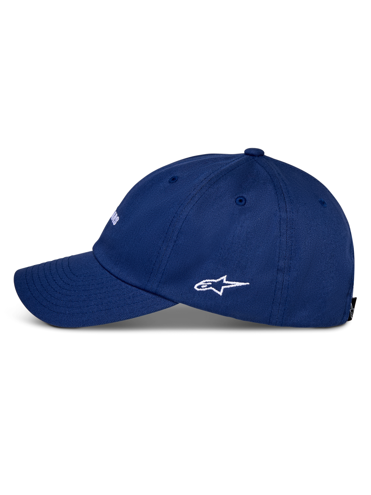 Alpinestars Deduce Strapback-keps, blå, profilvy från sidan med böjd skärm och vit broderad Astars-logotyp, konstruktion i bomullstwill, casual sportswear